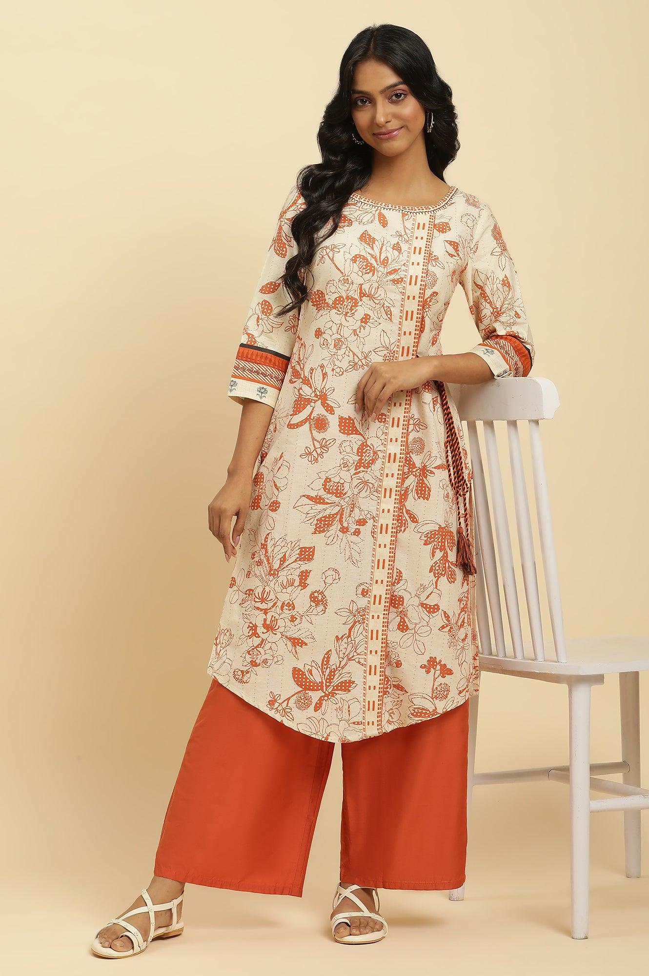 Ecru Floral Printed Kurta With Orange Parallel Pants