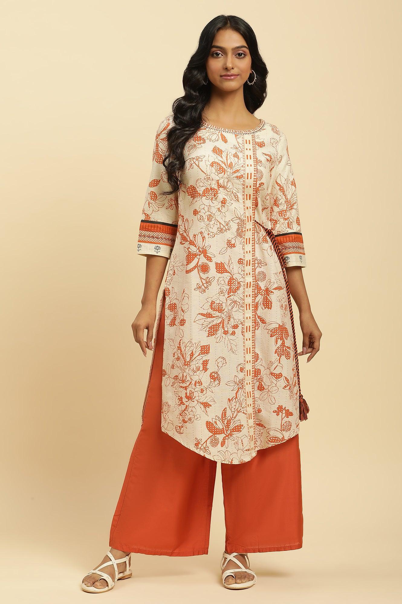 Ecru Floral Printed Kurta With Orange Parallel Pants - Image 2