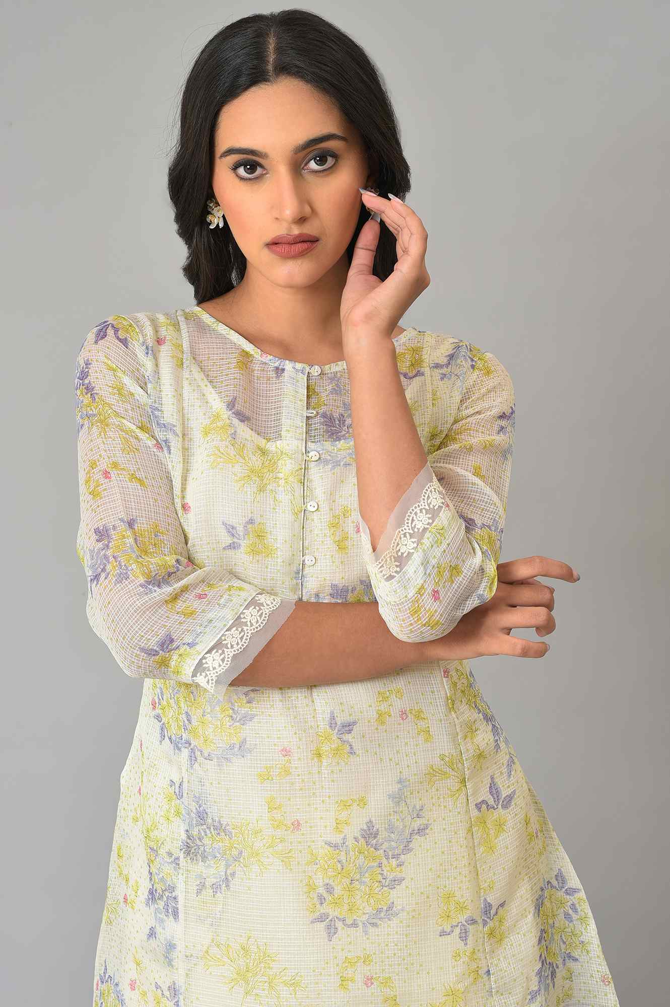 Ecru Floral Printed Lace Kota A-Line Kurta and Jegging Set - Image 2
