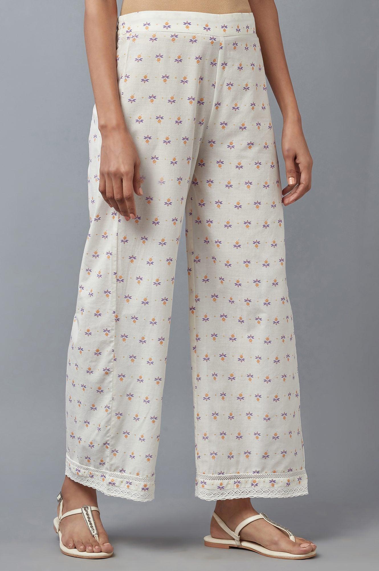 Ecru Floral Printed Parallel Pants with Lace - Image 4