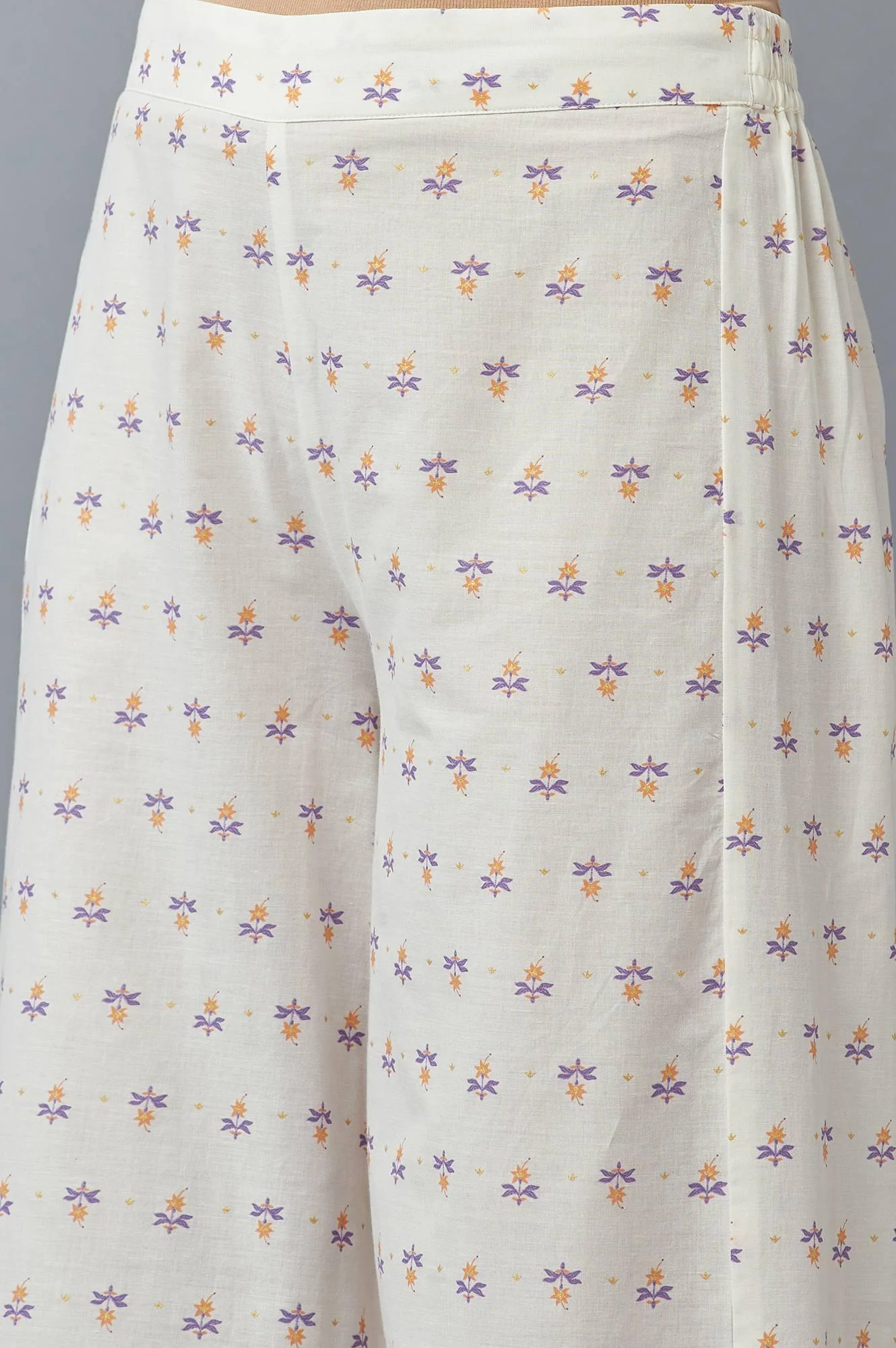 Ecru Floral Printed Parallel Pants with Lace - Image 6