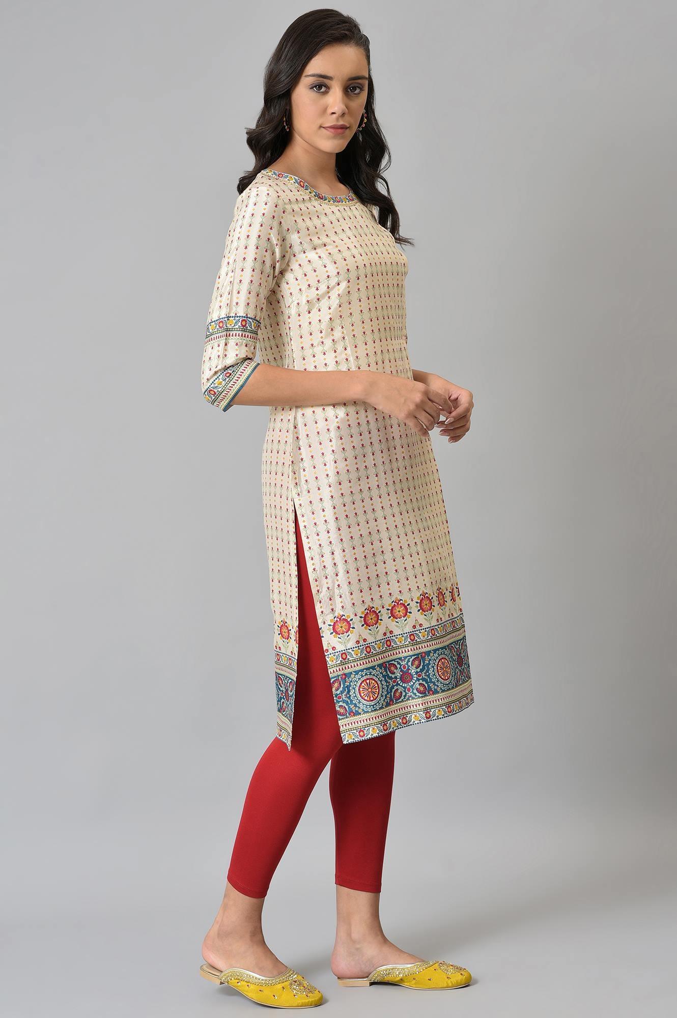 Ecru Floral Printed Sequined kurta - Image 4