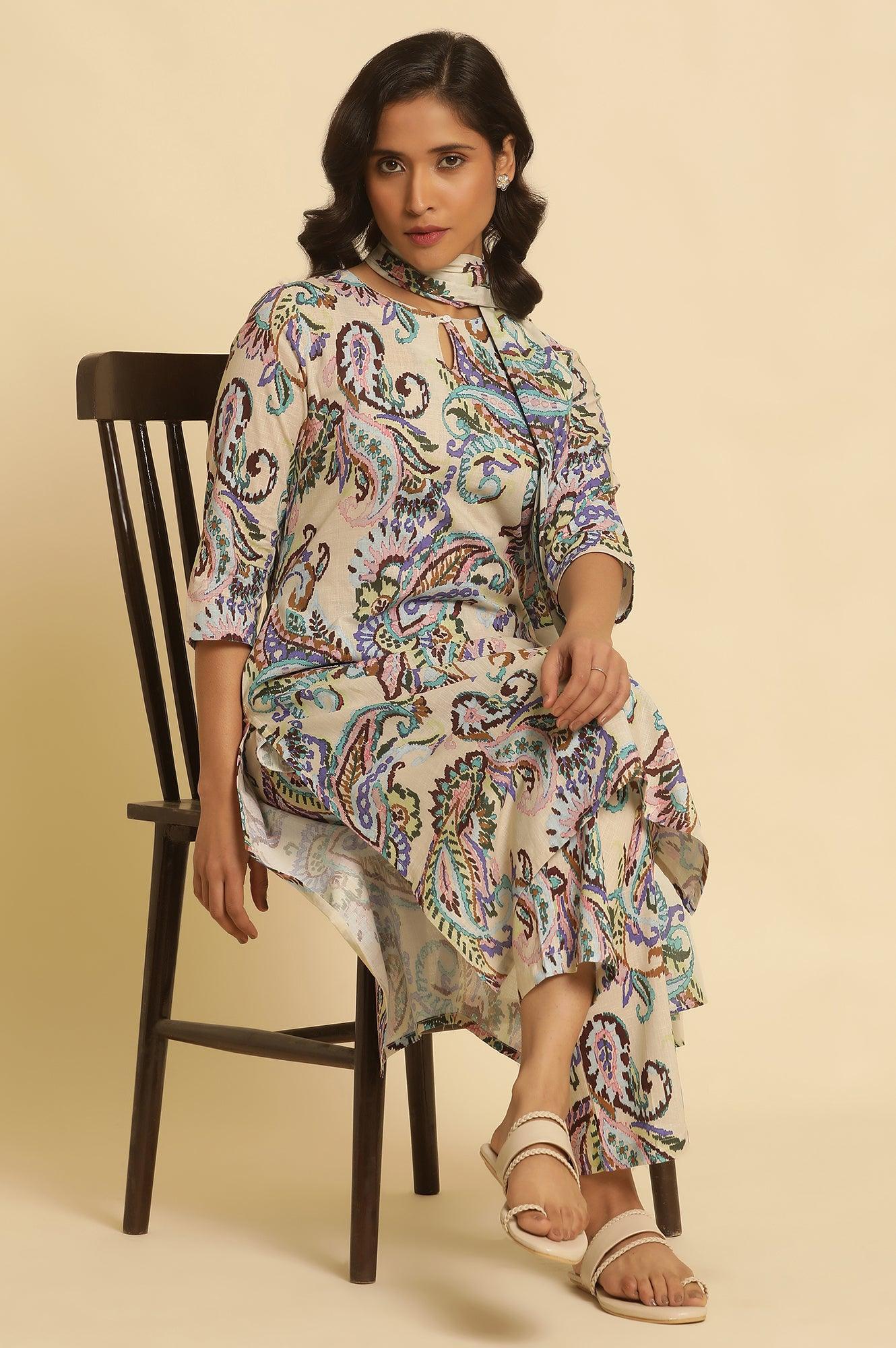 Ecru Floral Printed Straight Kurta And Pants Set