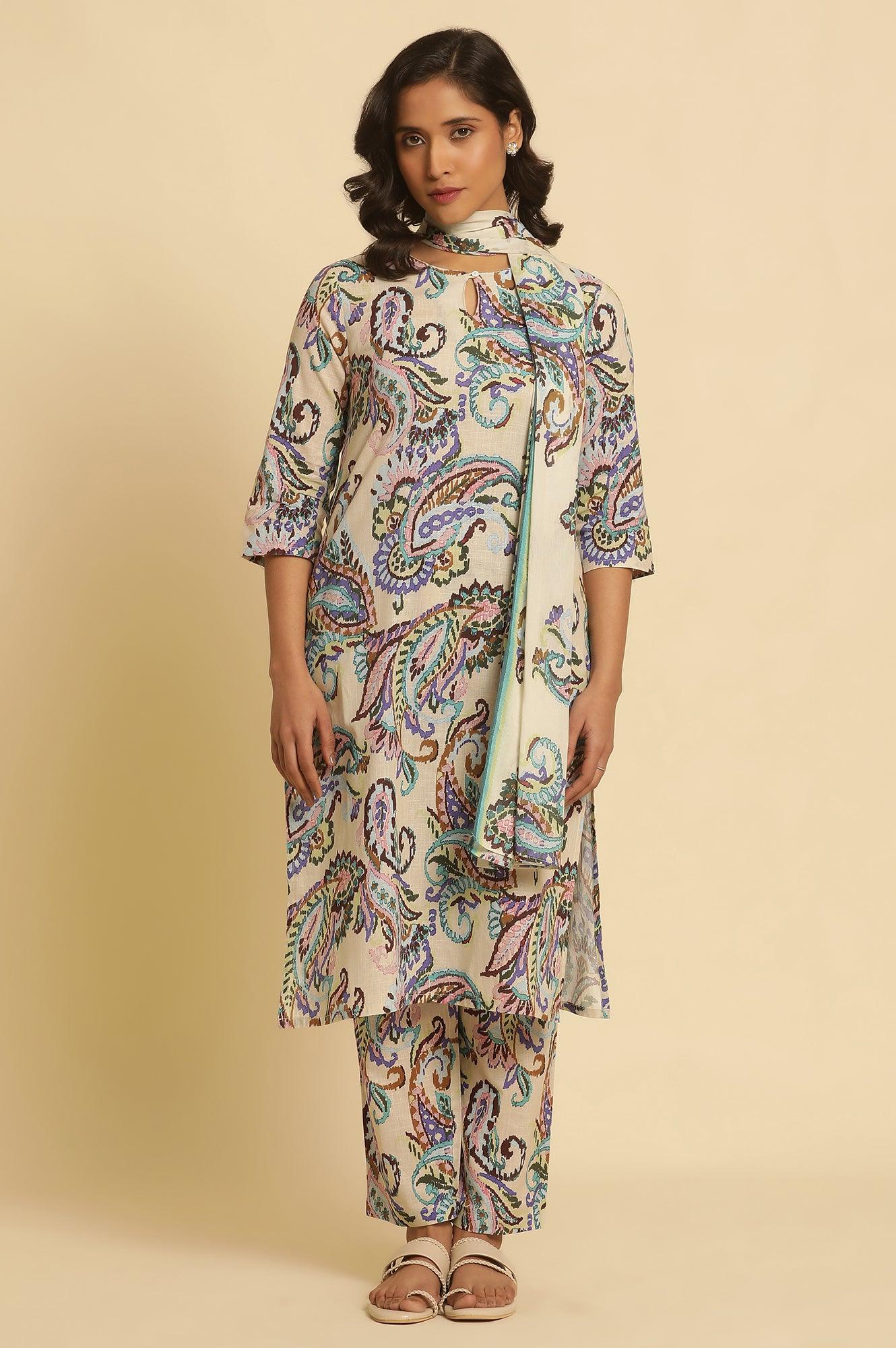 Ecru Floral Printed Straight Kurta And Pants Set - Image 2