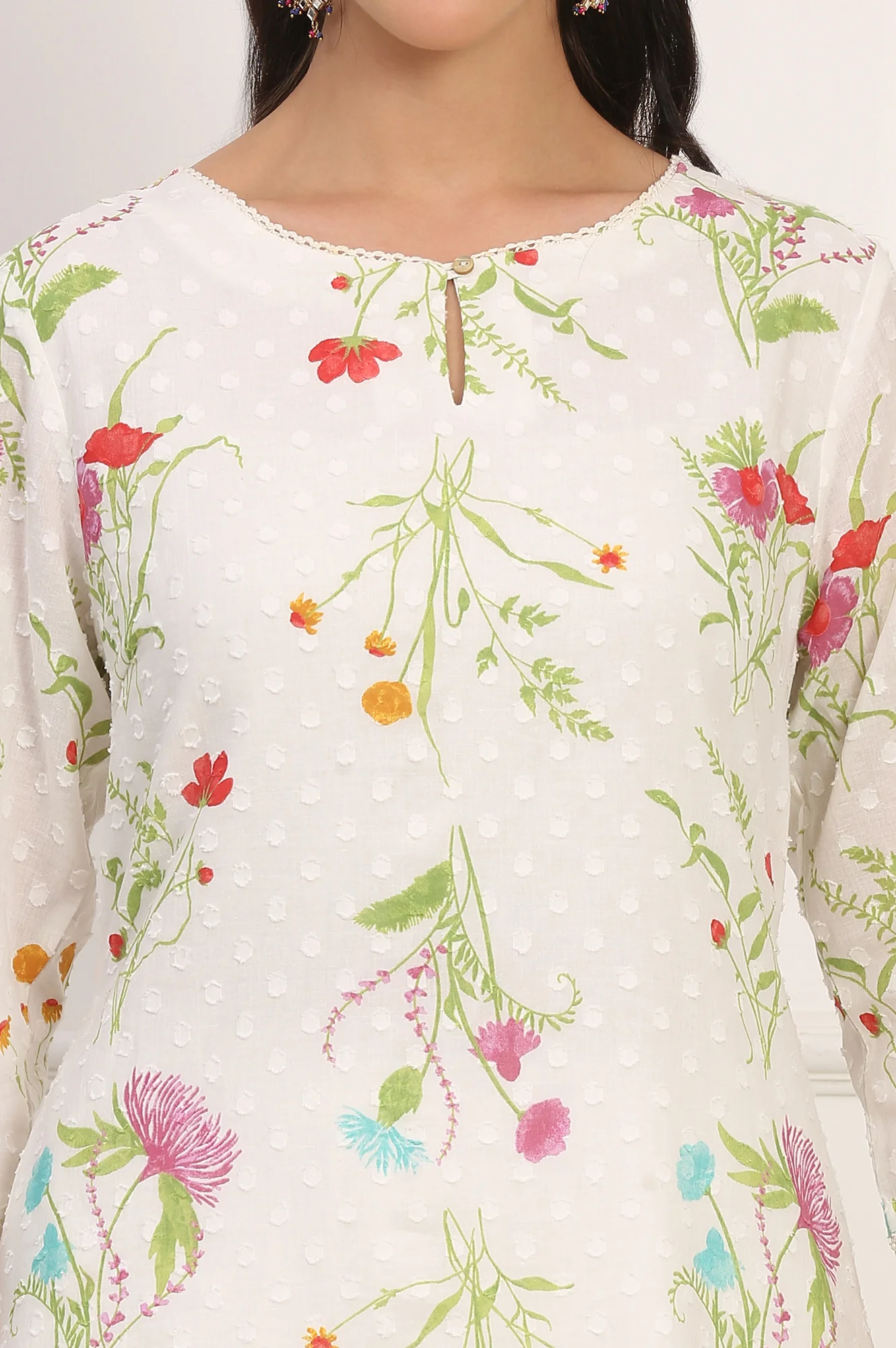 Ecru Floral Printed Straight Pure Cotton Kurta - Image 3