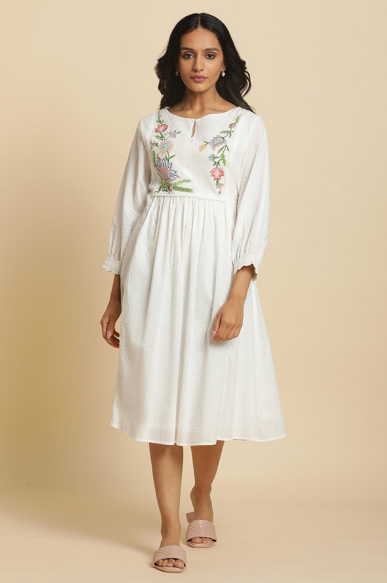 Ecru Gathered Dress In Multi-Coloured Embroidery - Image 6