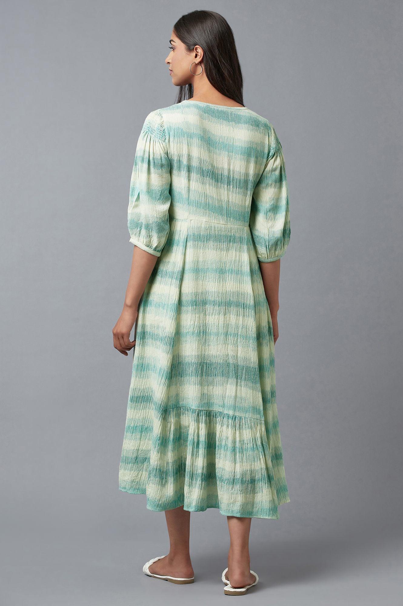 Ecru Gathered Ikat Print Dress In V-Neck - Image 2