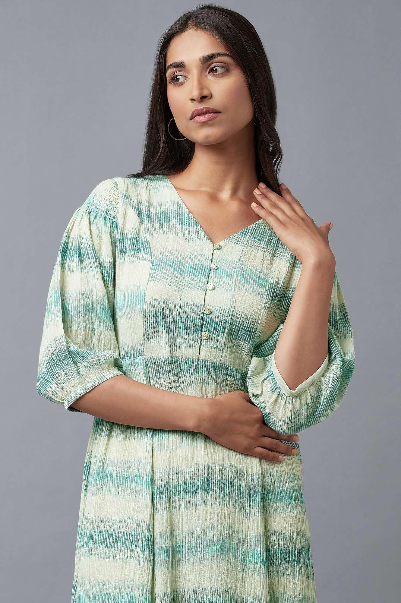 Ecru Gathered Ikat Print Dress In V-Neck - Image 5