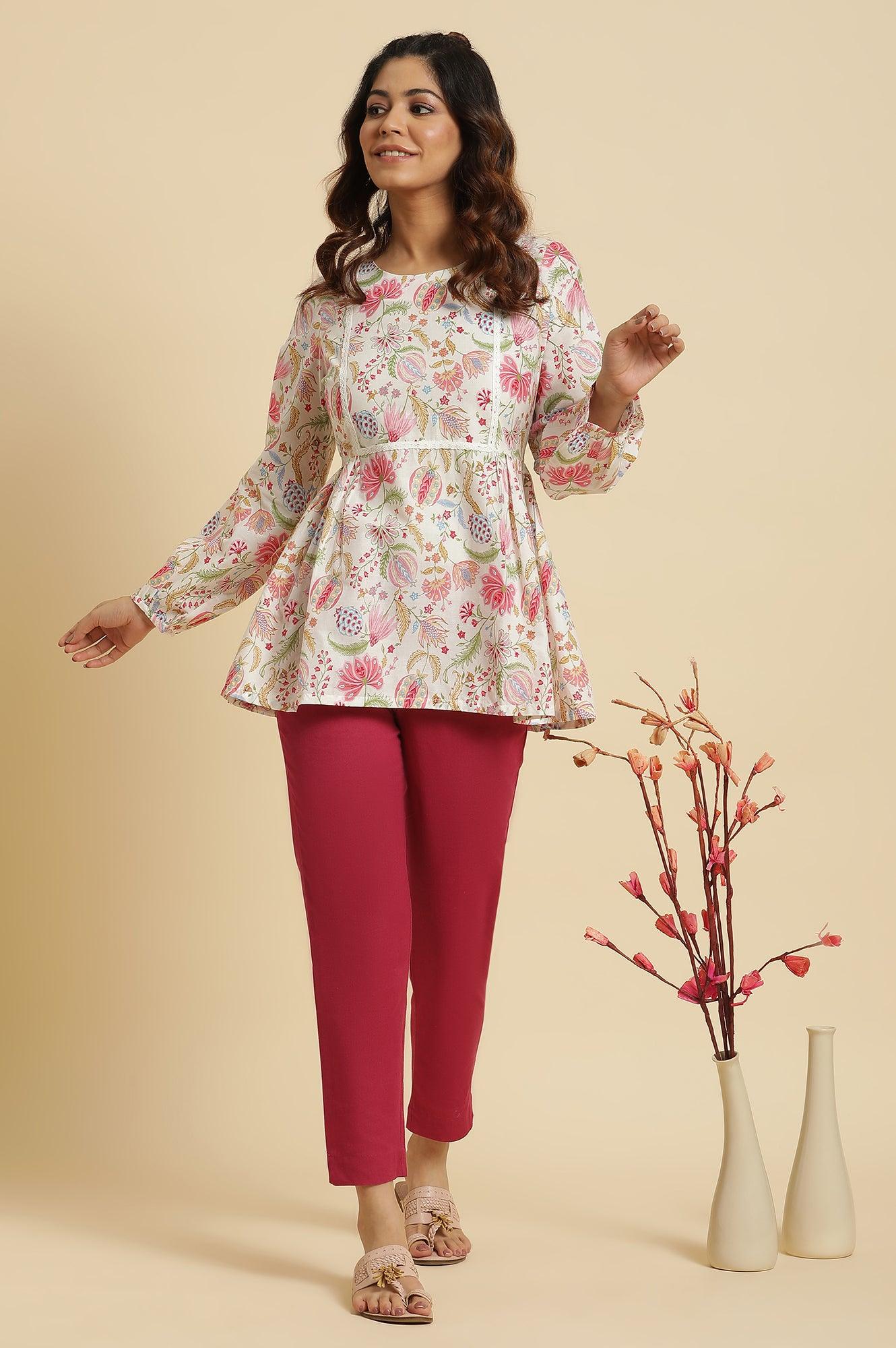 Ecru Gathered Top With Bright Floral Print - Image 6