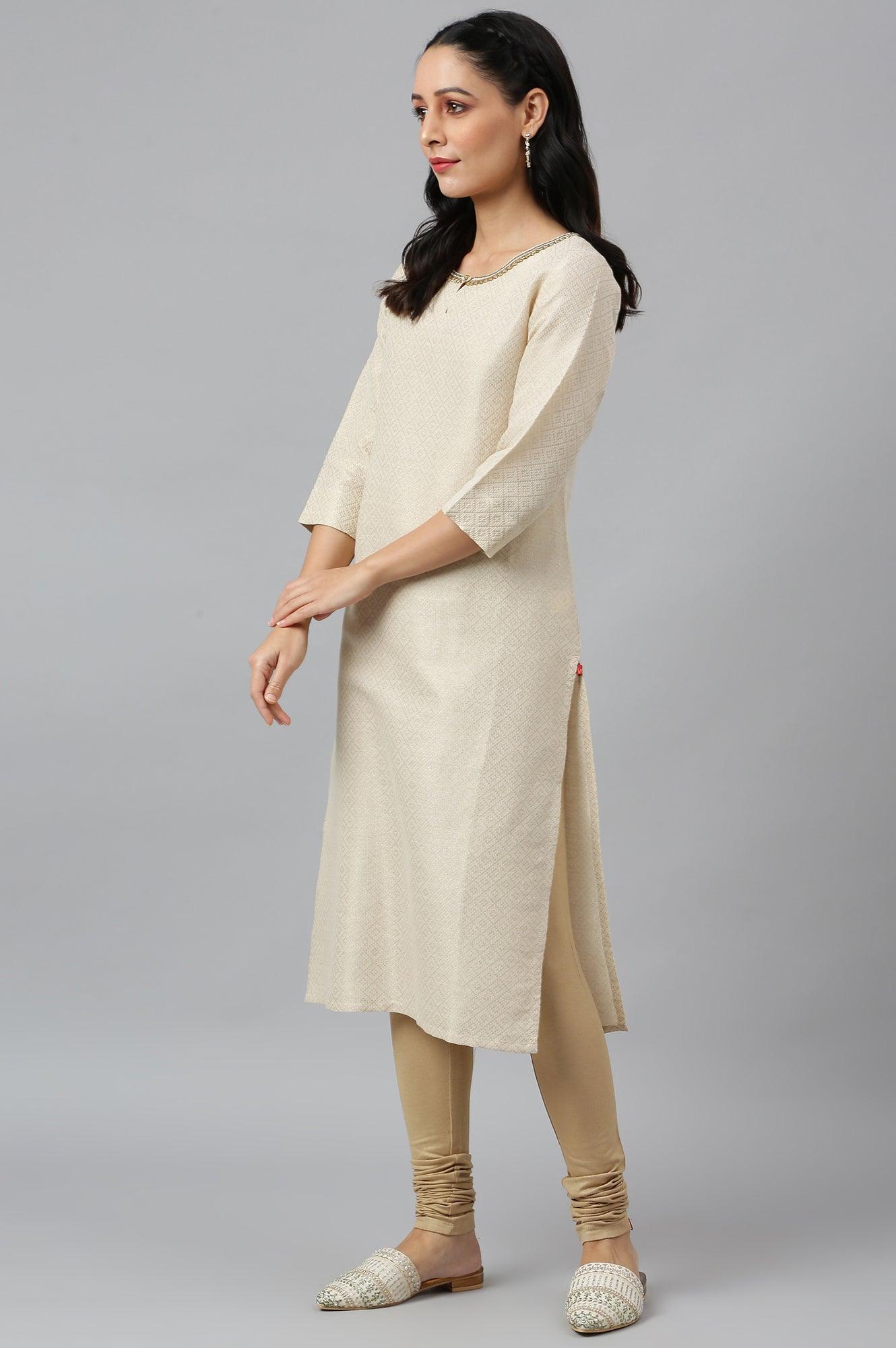 Ecru Geometric Print Dobby kurta - Image 3