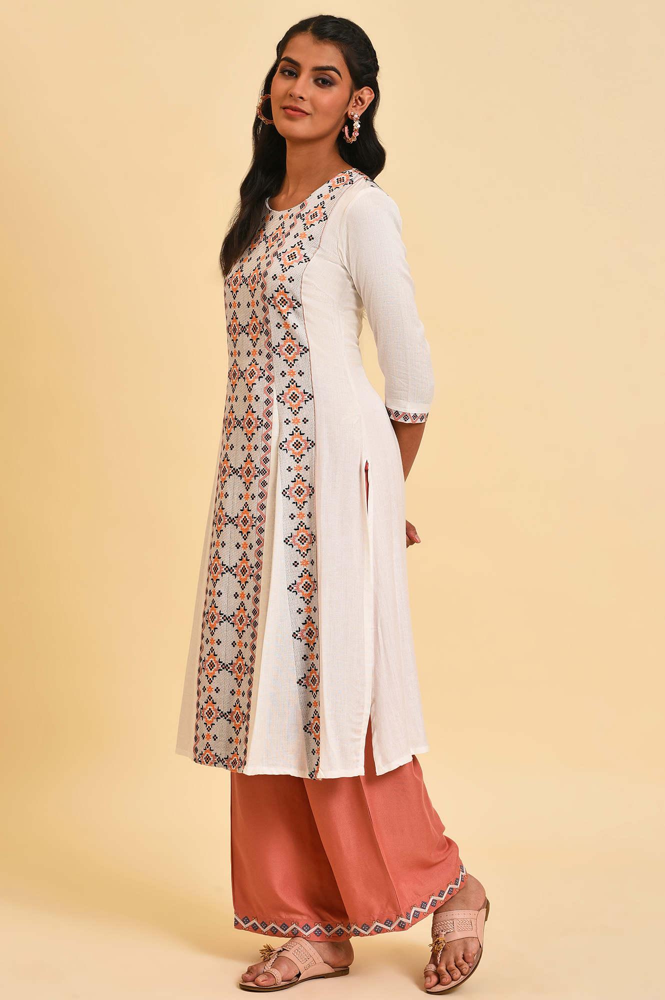 Ecru Geometric Print Round Neck Summer kurta - Image 3