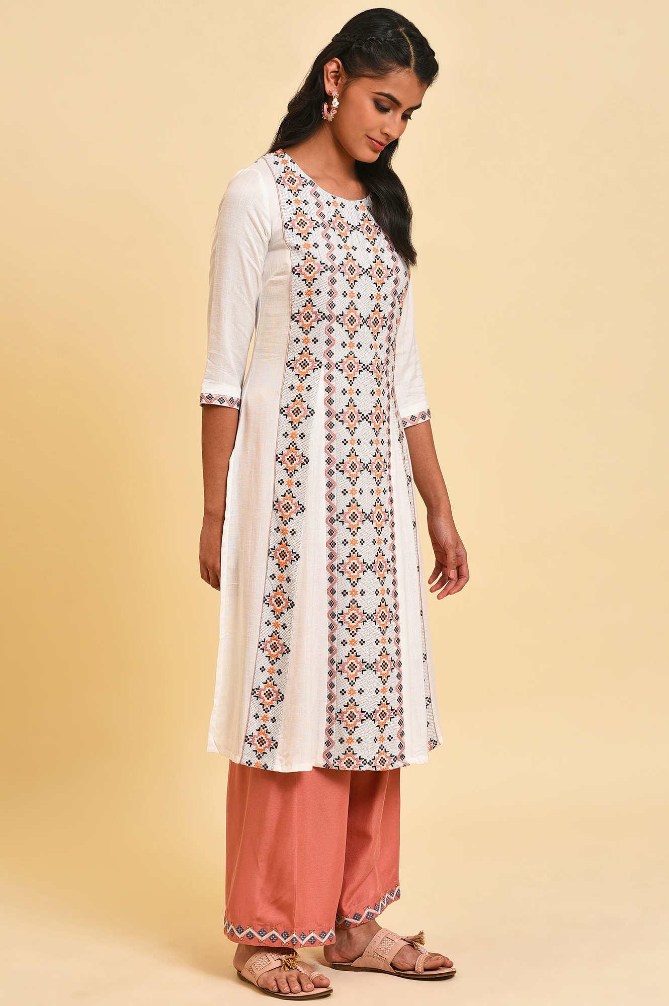 Ecru Geometric Print Round Neck Summer kurta - Image 4