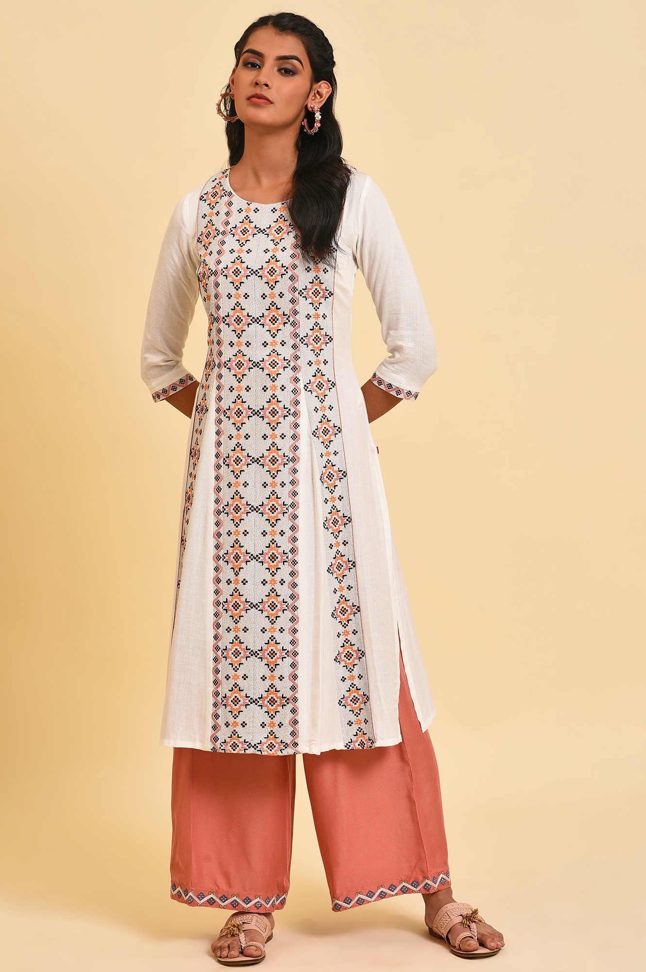 Ecru Geometric Print Round Neck Summer kurta - Image 6