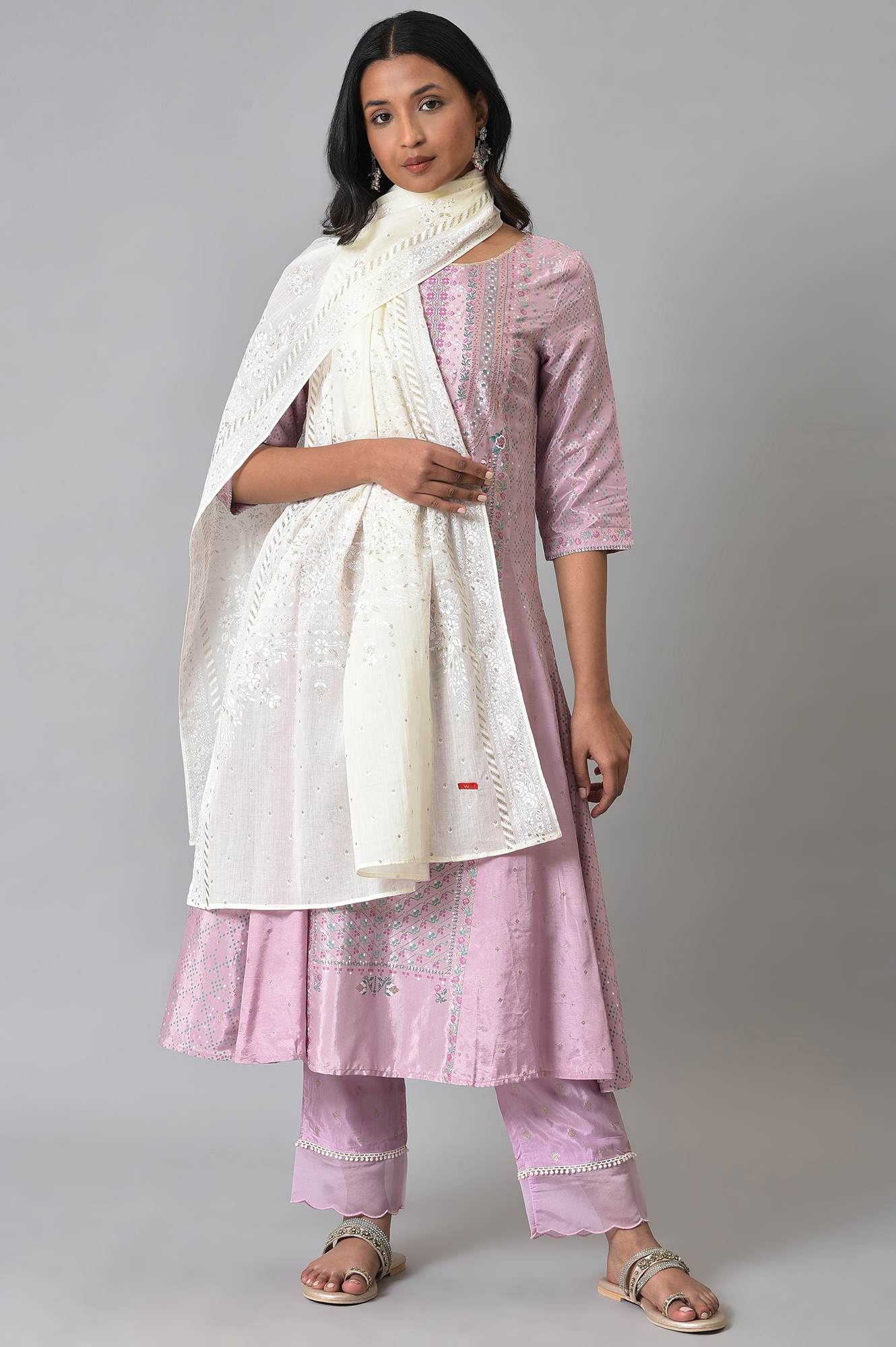 Ecru Glitter Printed Dupatta - Image 2