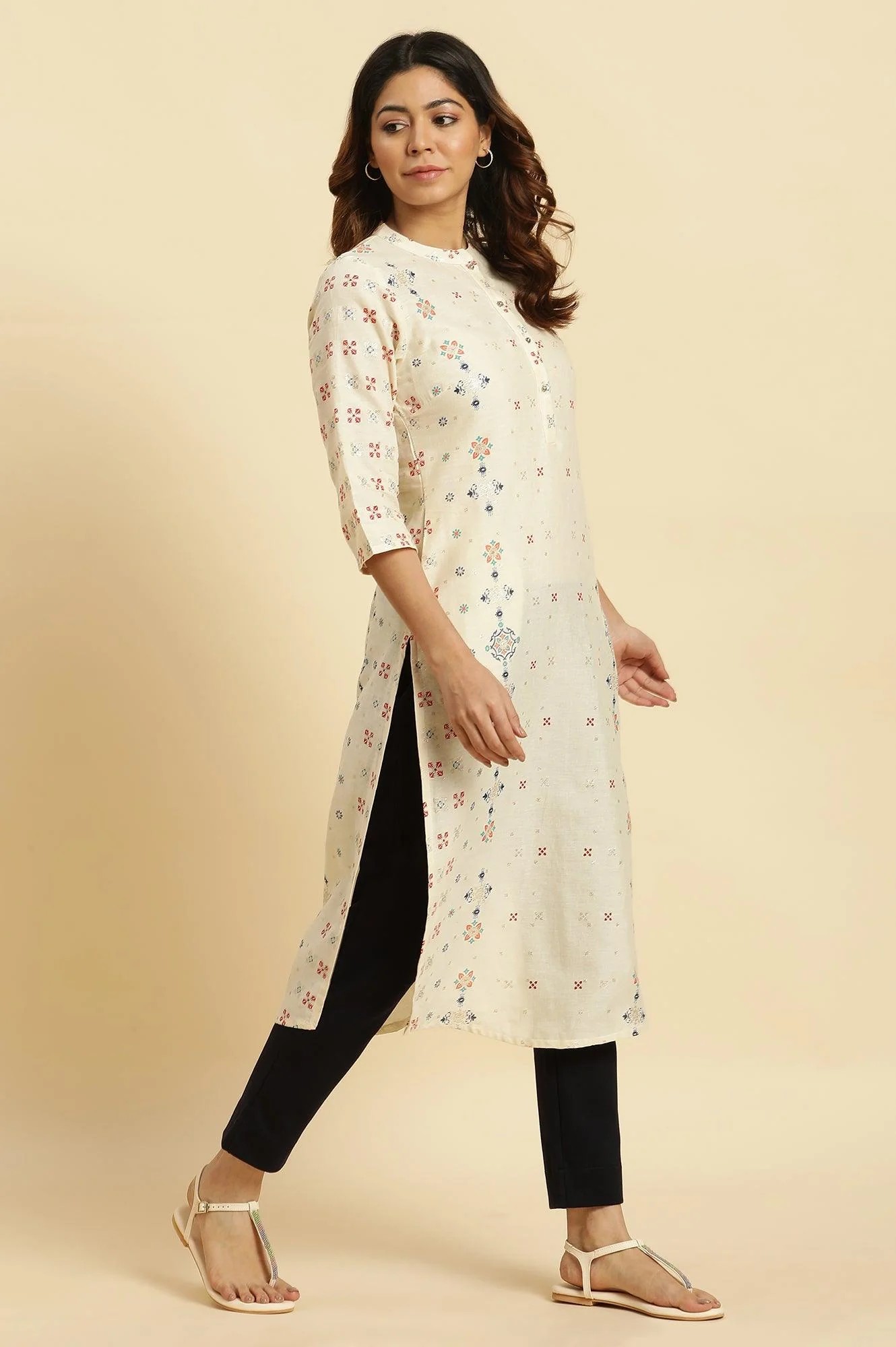 Ecru Half Placket Kurta With Multi-Coloure Print - Image 5