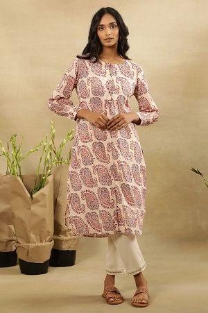 Ecru Hand Block Paisley Print Kurta In Cotton Slub
