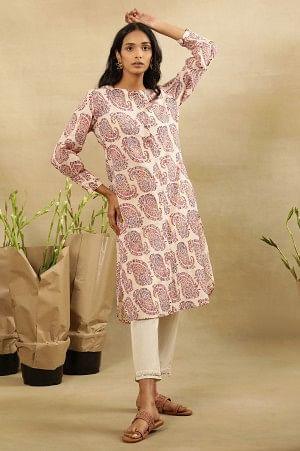 Ecru Hand Block Paisley Print Kurta In Cotton Slub - Image 2