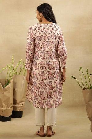 Ecru Hand Block Paisley Print Kurta In Cotton Slub - Image 3