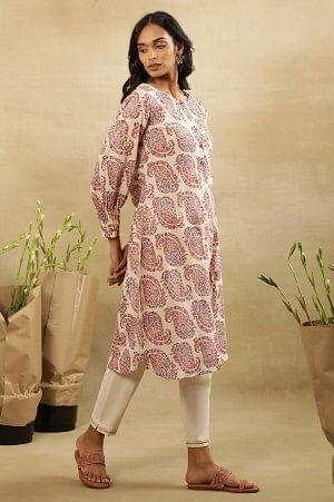 Ecru Hand Block Paisley Print Kurta In Cotton Slub - Image 4