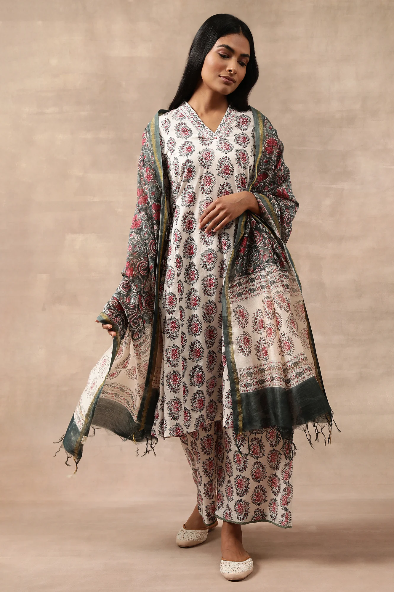 Ecru Hand Block Print A-Line kurta - Image 5