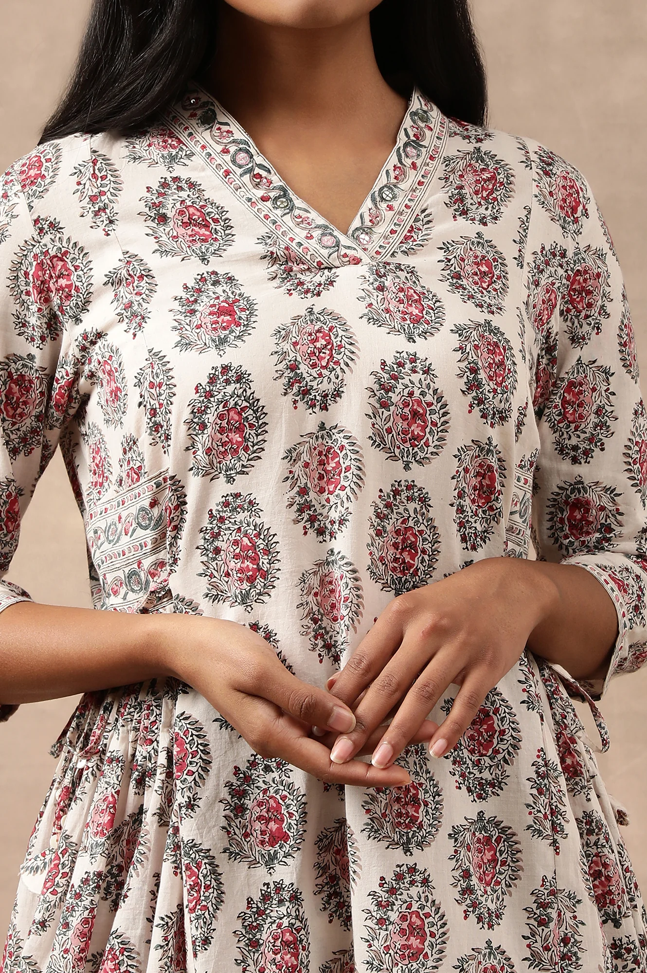 Ecru Hand Block Print A-Line kurta - Image 6