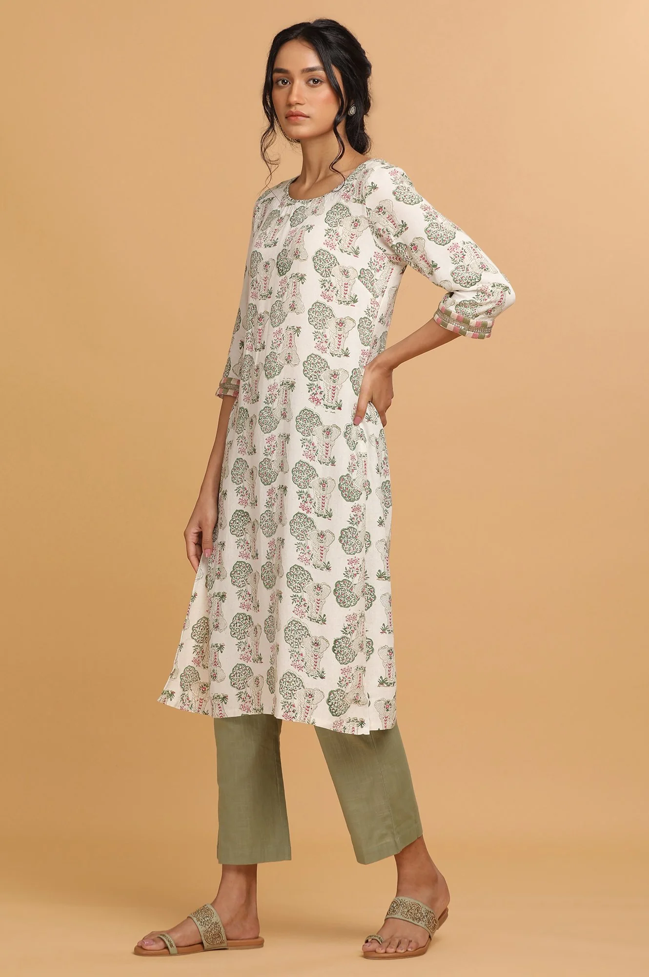 Ecru Hand Block Print kurta - Image 3