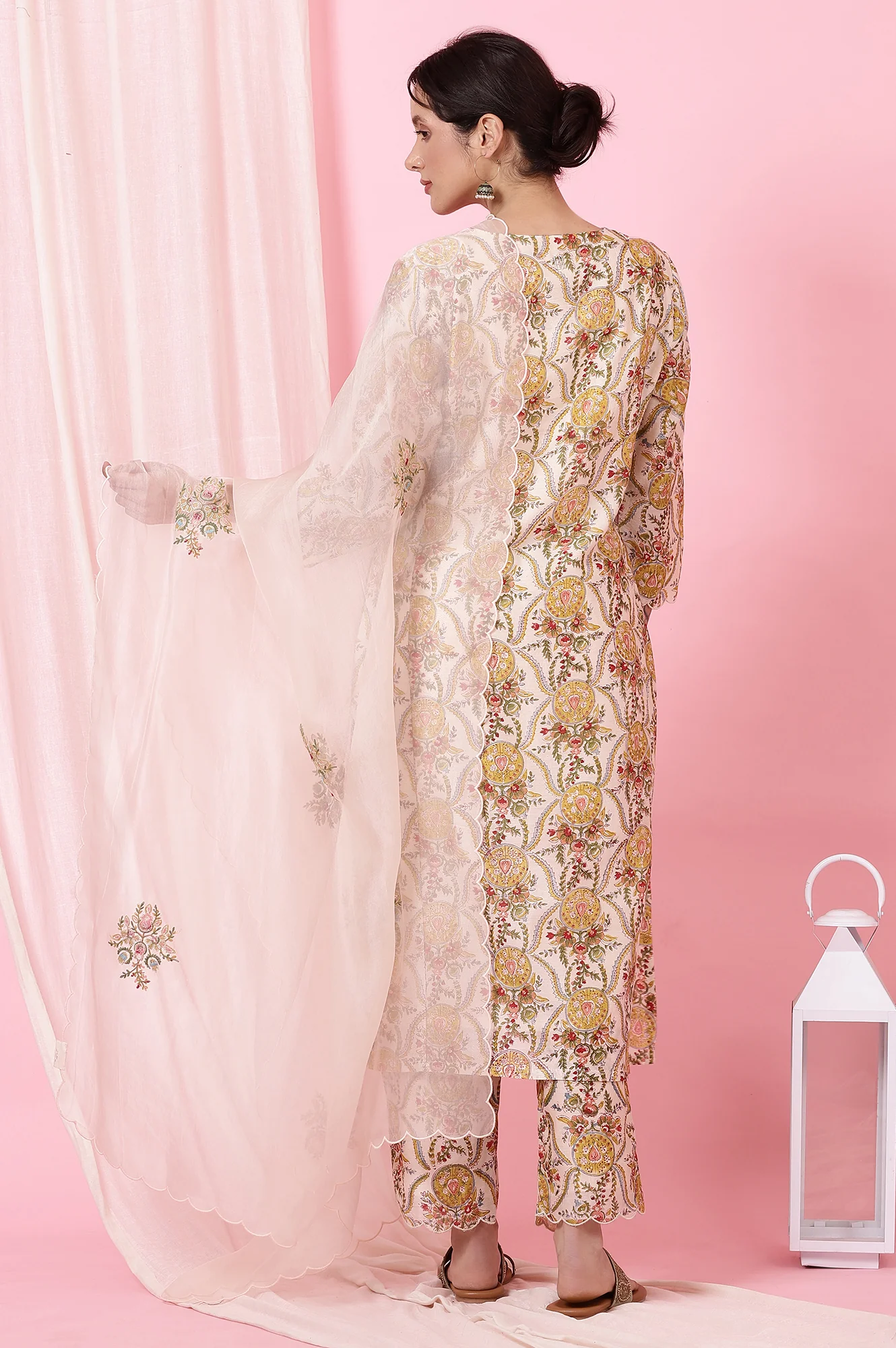 Ecru Handblock Printed Kurta, Straight Pants and Dupatta Set - Image 6