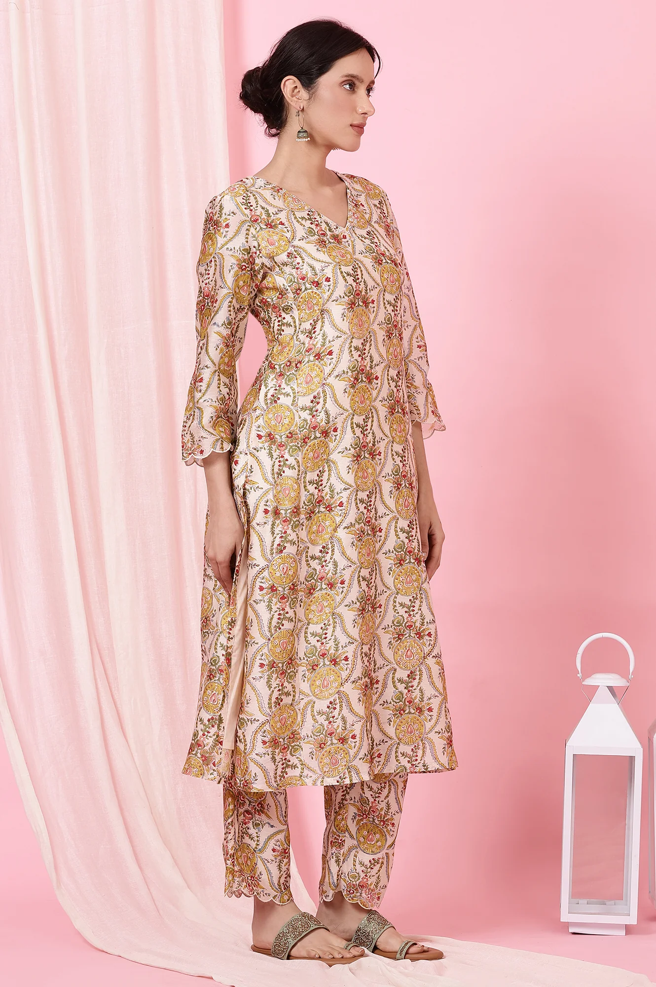 Ecru Handblock Printed Kurta, Straight Pants and Dupatta Set - Image 7
