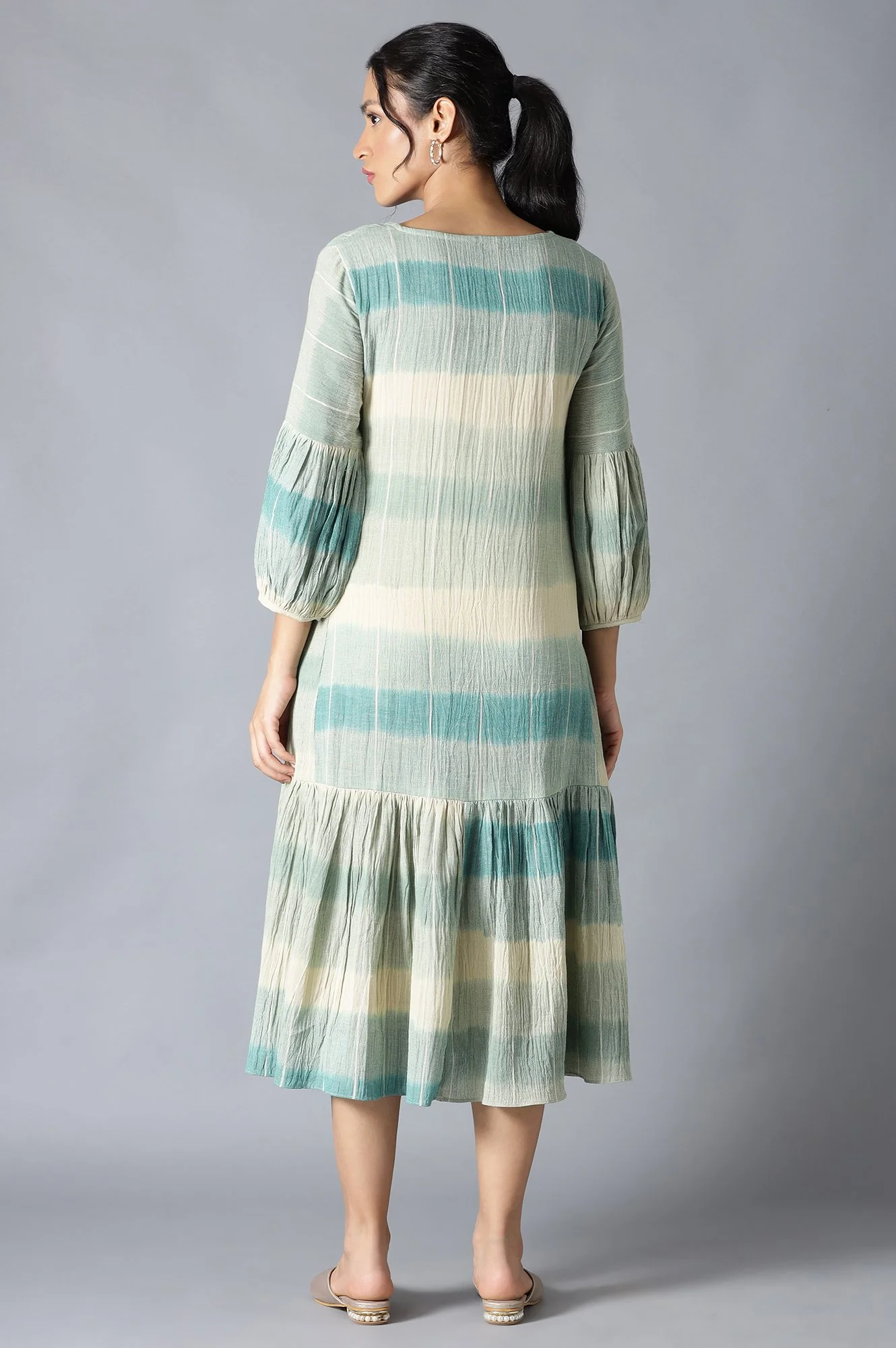 Multicoloured Ikkat Print Cotton Dress In V-Neck - Image 2