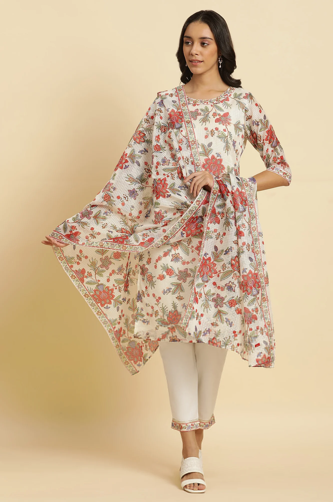 Ecru Kota Dupatta in Multi-Coloured Floral Print