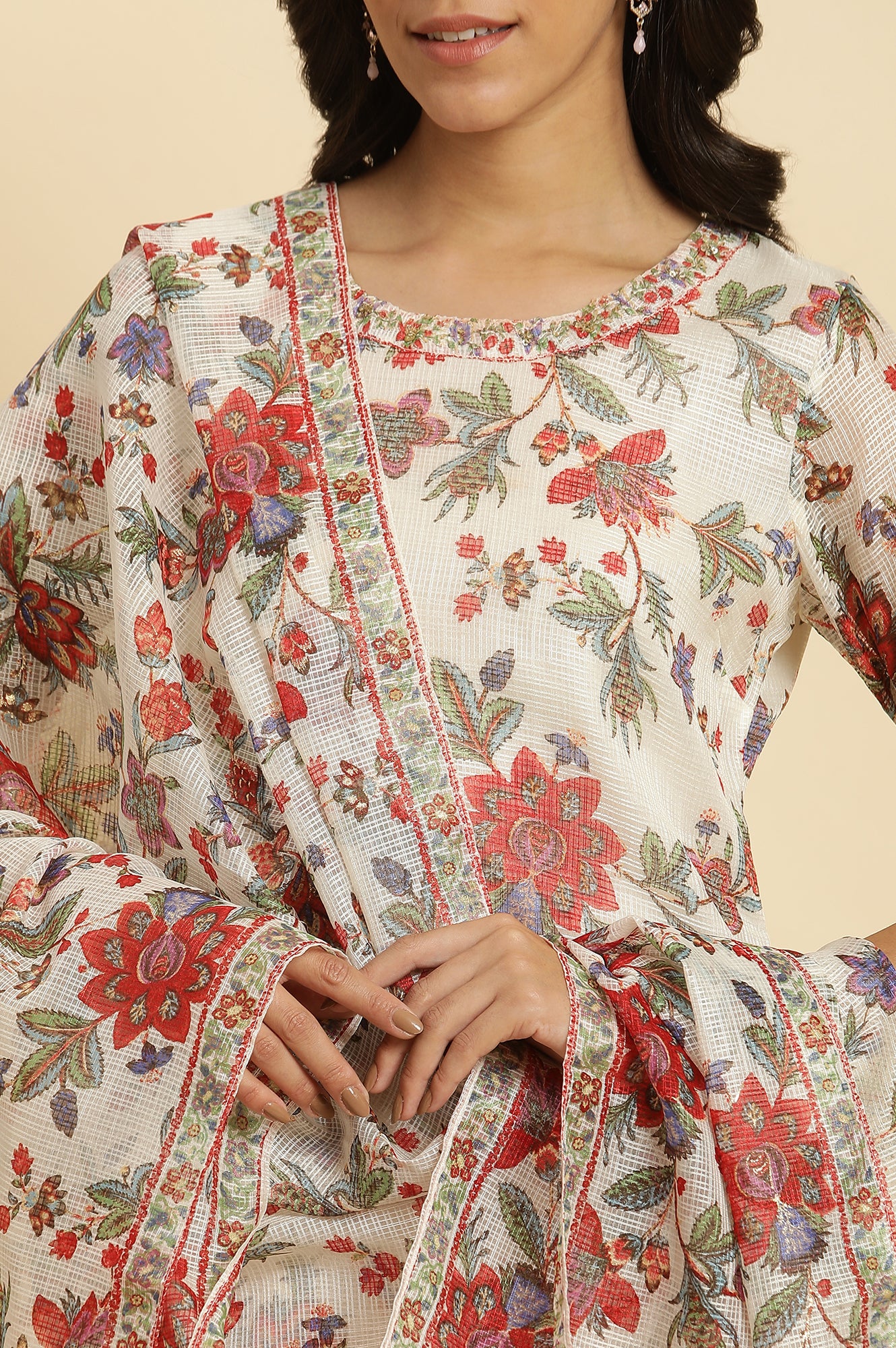 Ecru Kota Dupatta in Multi-Coloured Floral Print - Image 5