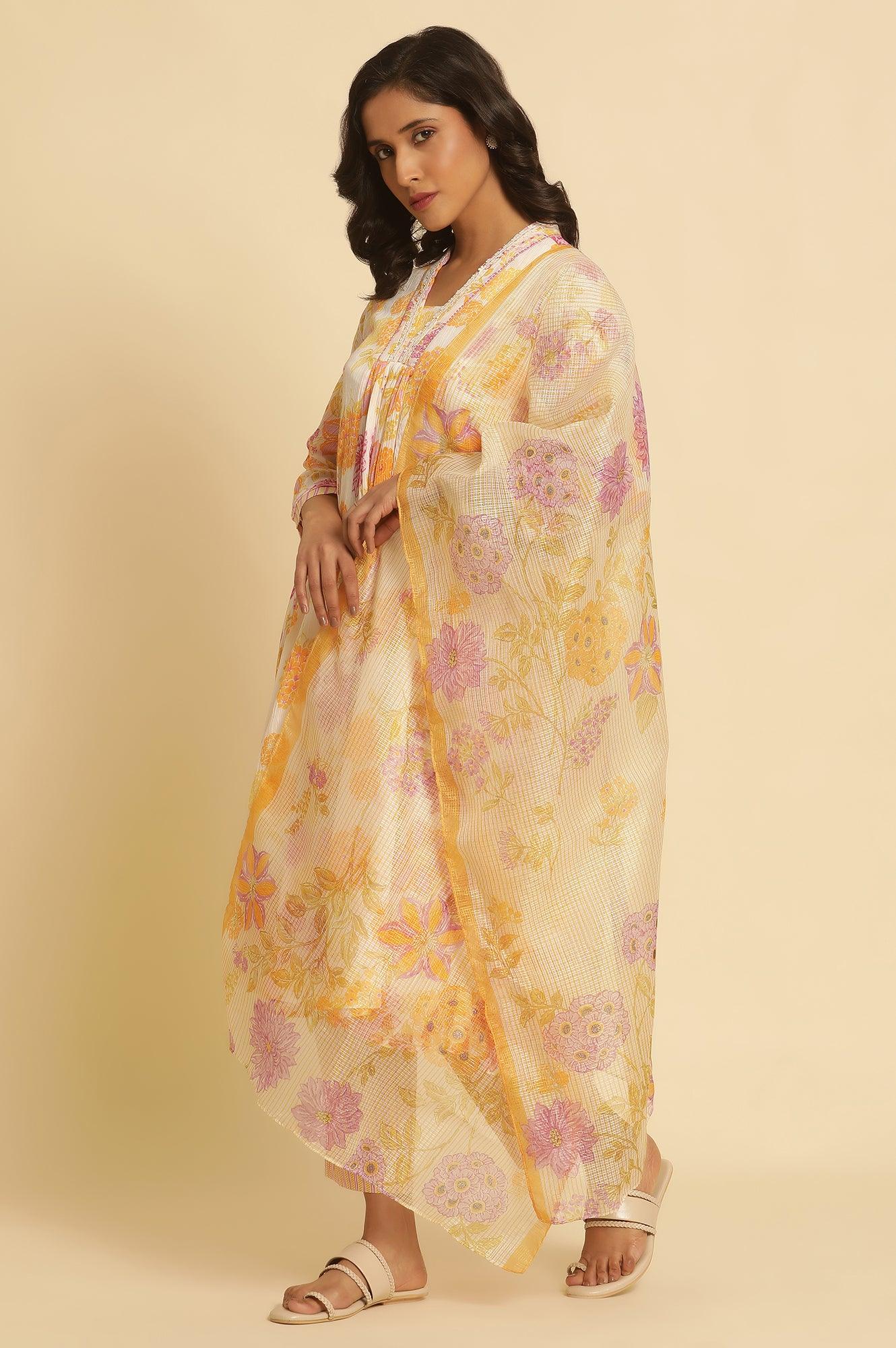 Ecru Kota Dupatta With Multi-Coloured Floral Print - Image 3