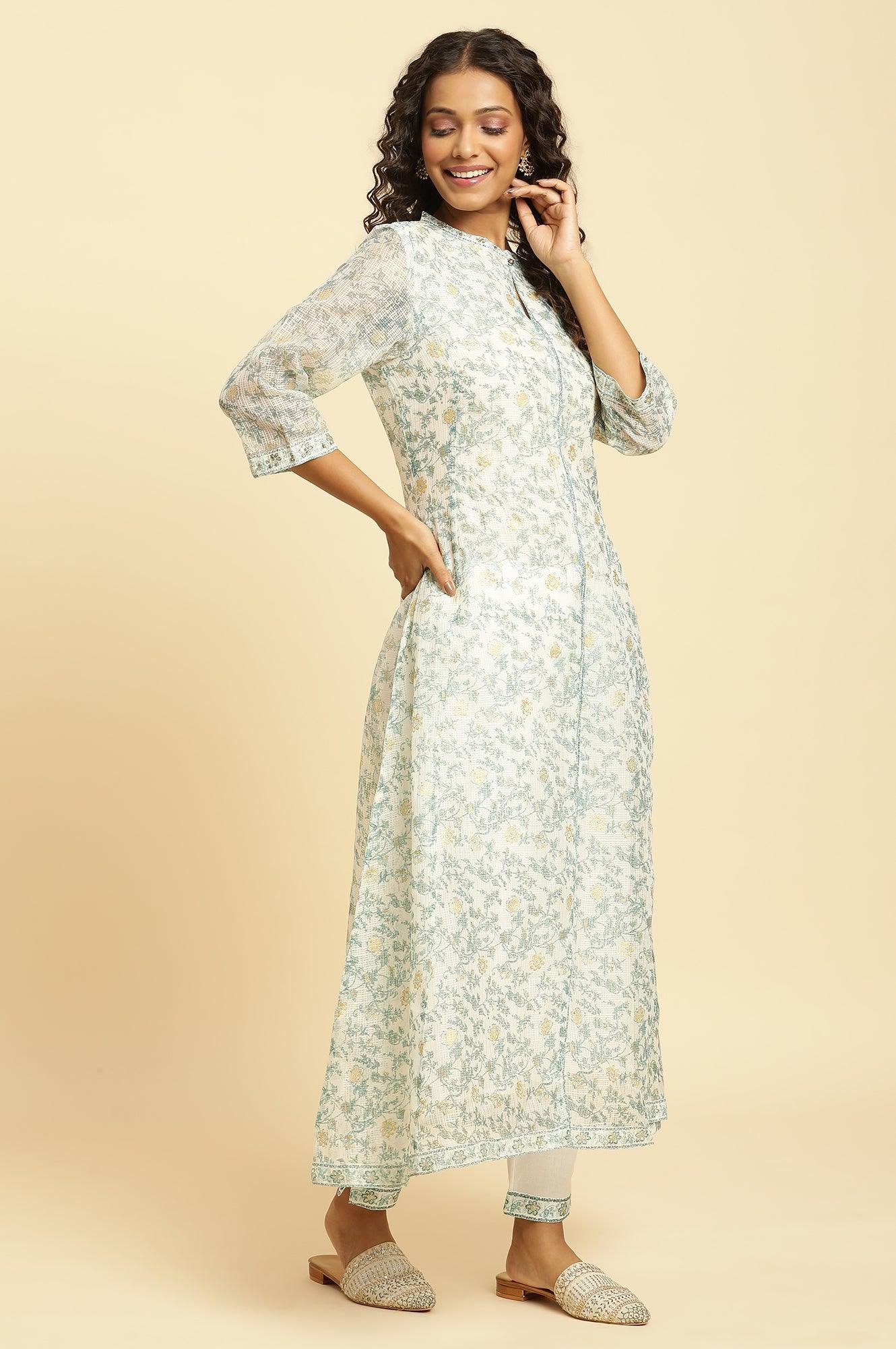 Ecru Kota Kurta With Green Floral Print - Image 5