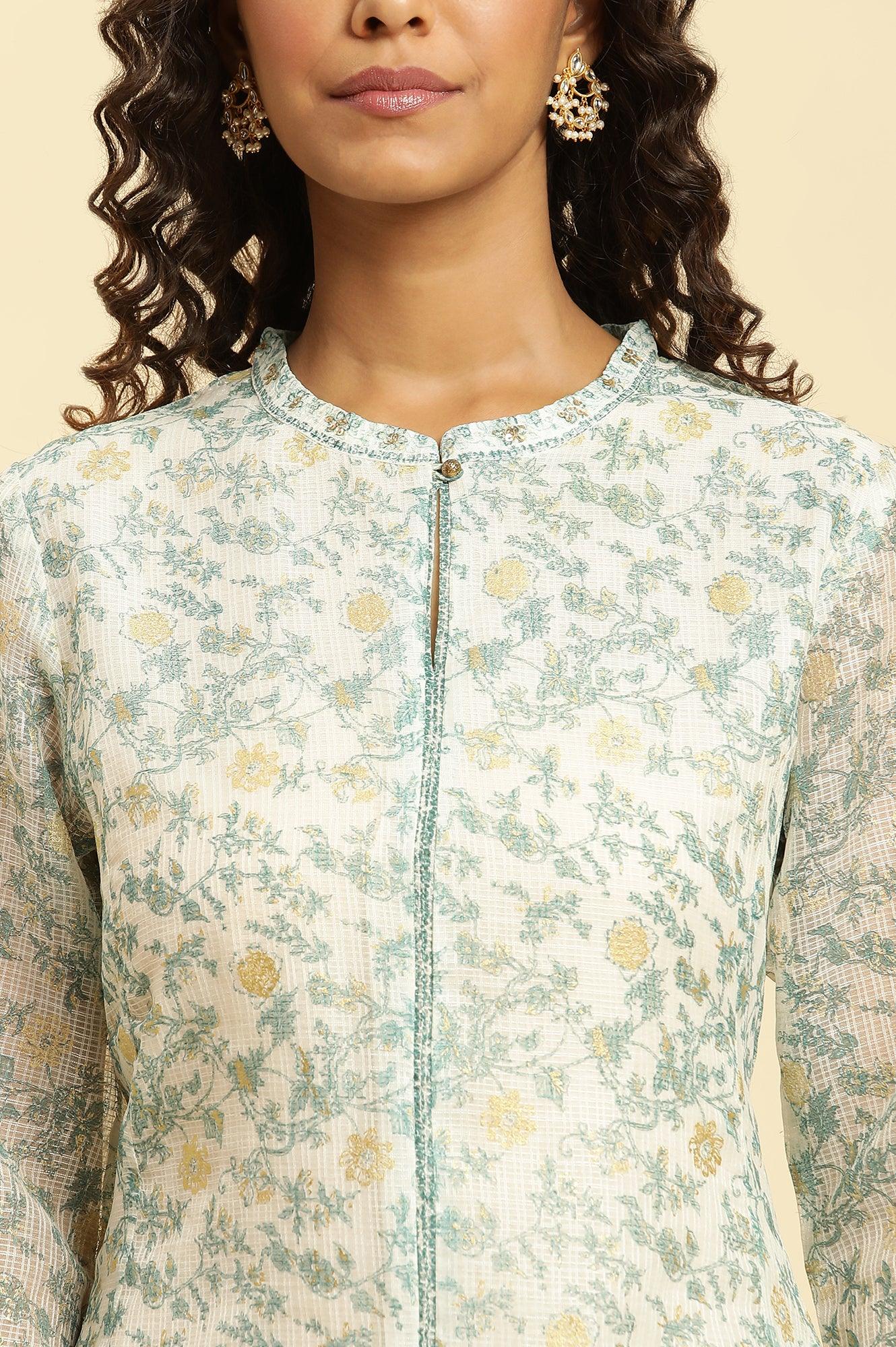 Ecru Kota Kurta With Green Floral Print - Image 6
