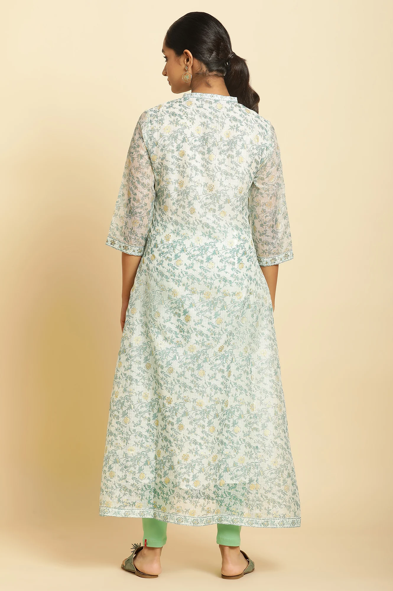 Ecru Kota Kurta with Green Floral Print - Image 3