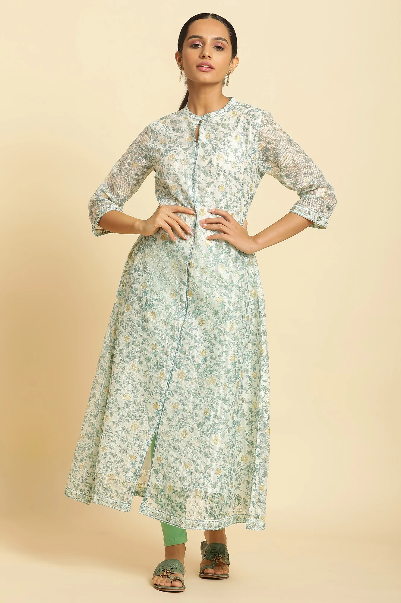 Ecru Kota Kurta with Green Floral Print - Image 5