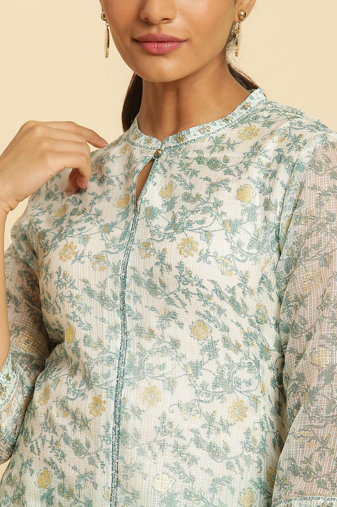 Ecru Kota Kurta with Green Floral Print - Image 6