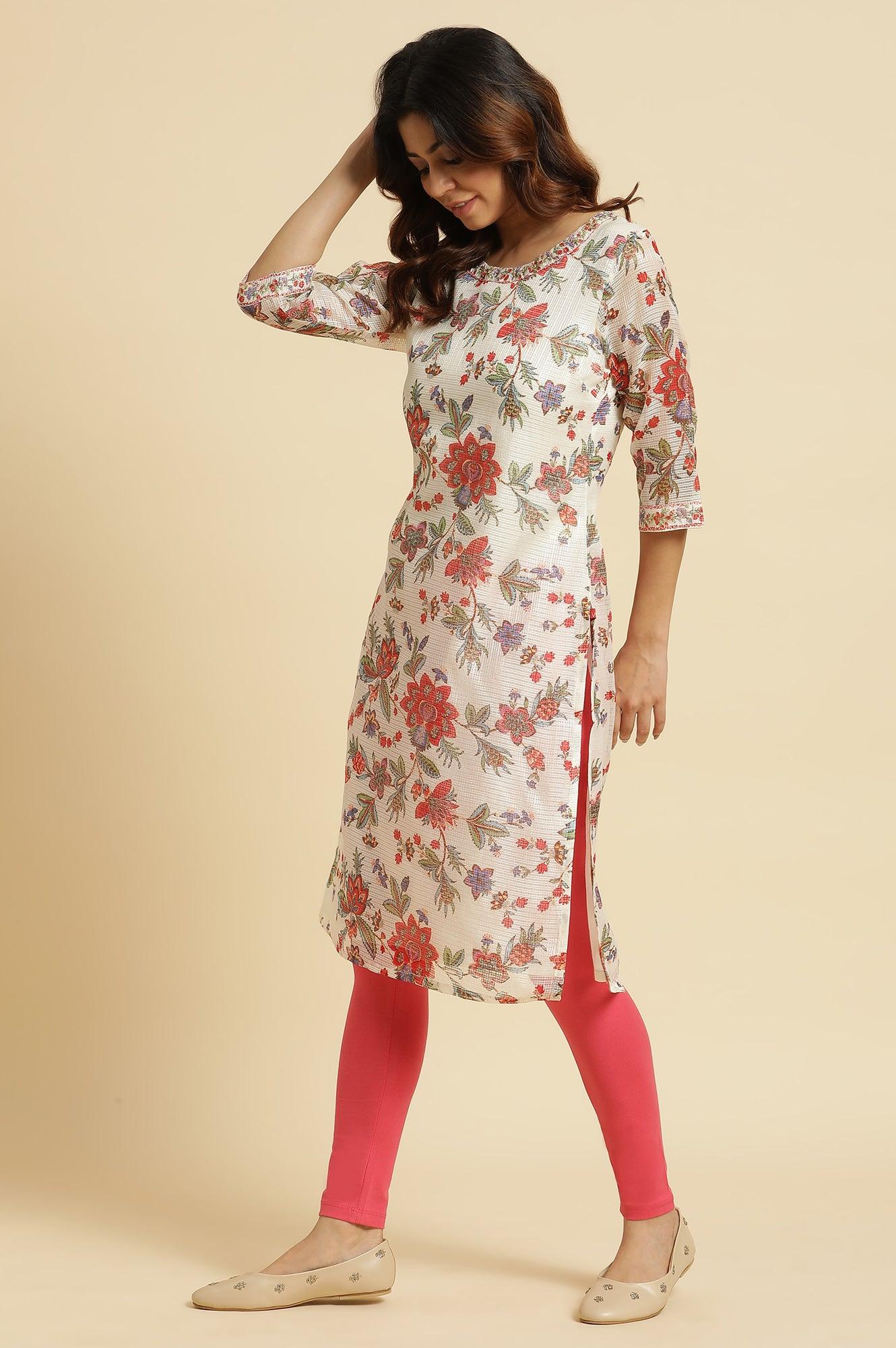 Ecru Kota Kurta With Multi-Coloured Floral Print - Image 3