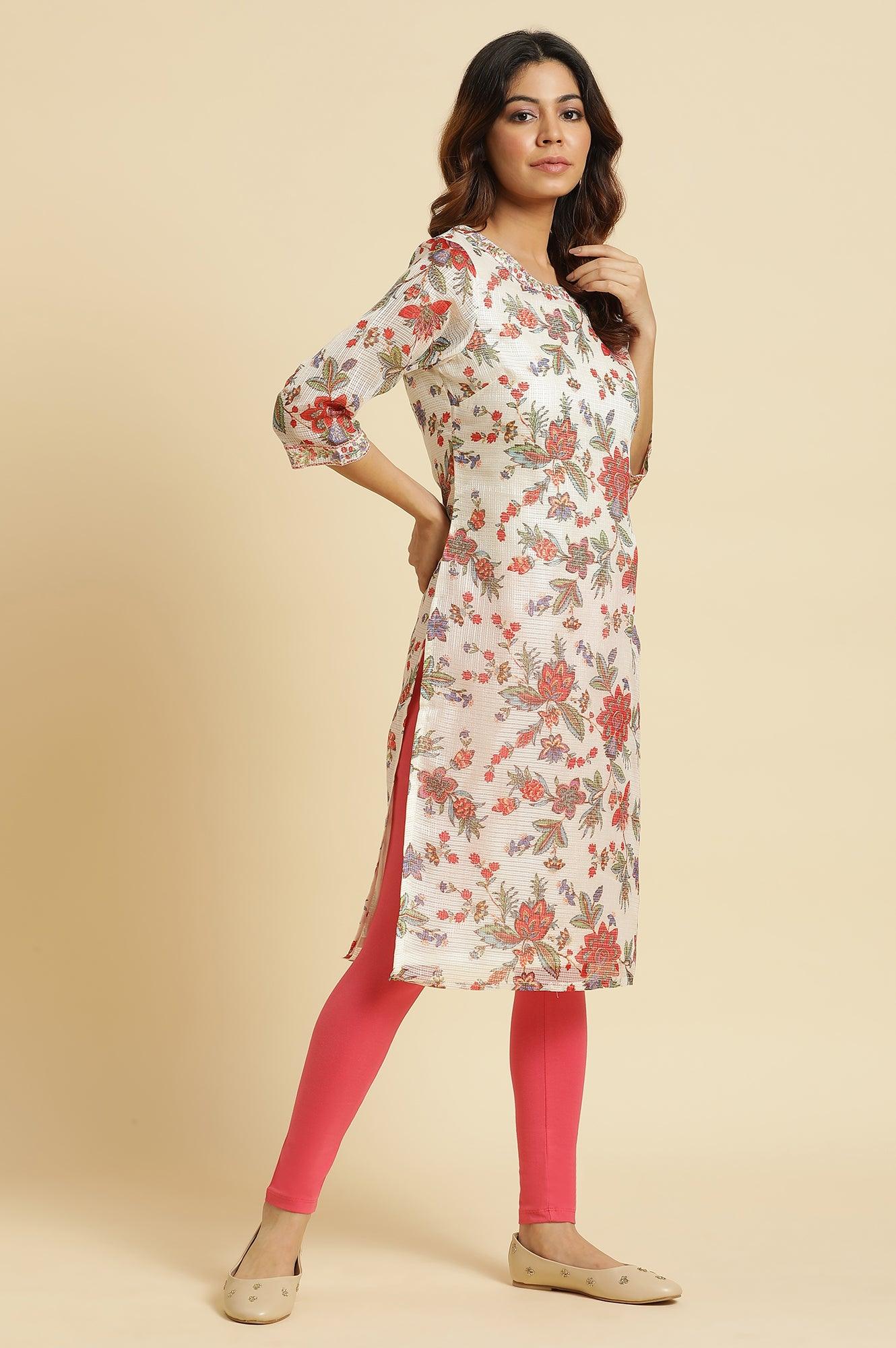 Ecru Kota Kurta With Multi-Coloured Floral Print - Image 5