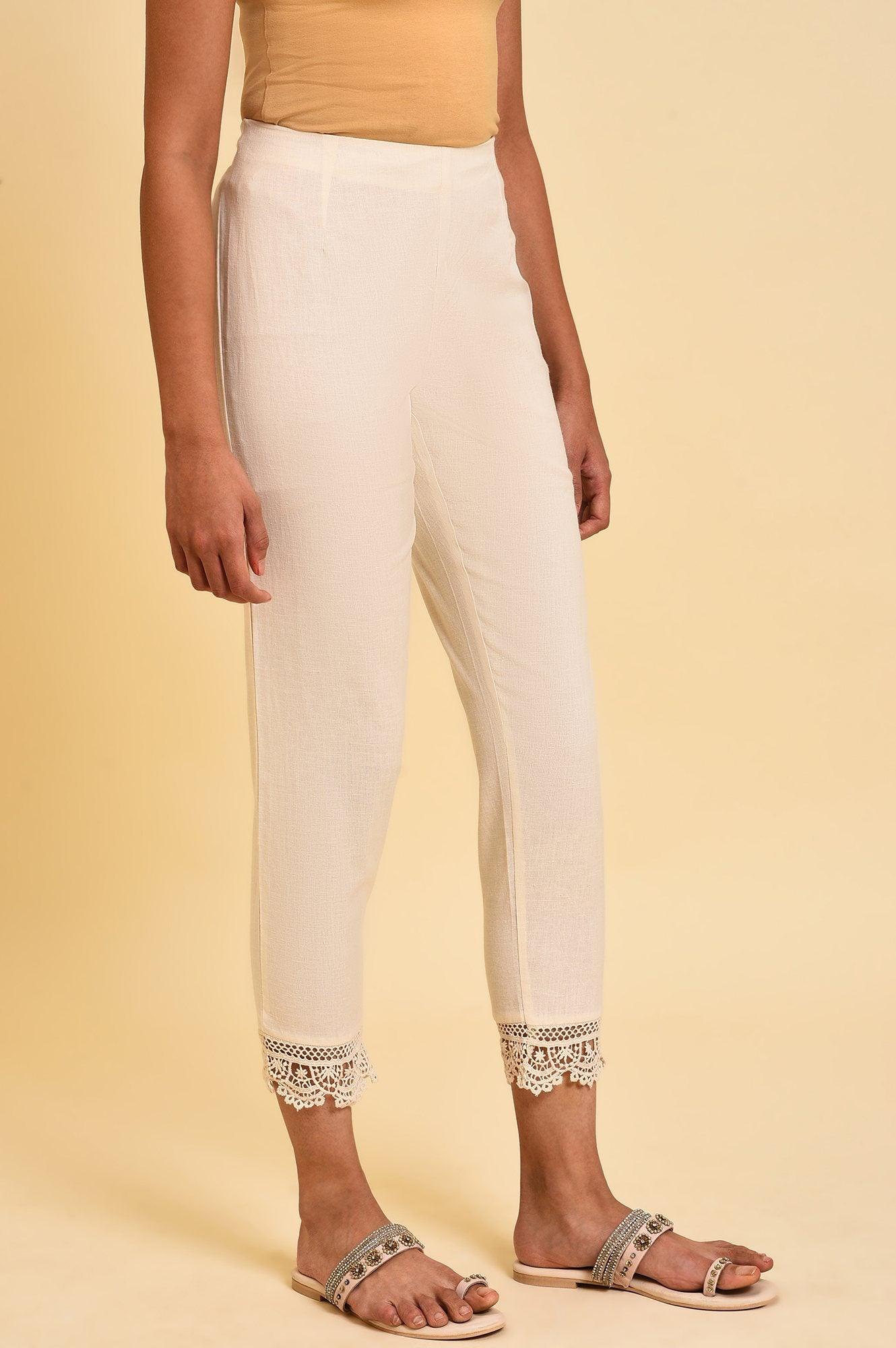 Ecru Lace Cotton Flax Slim Pants - Image 4