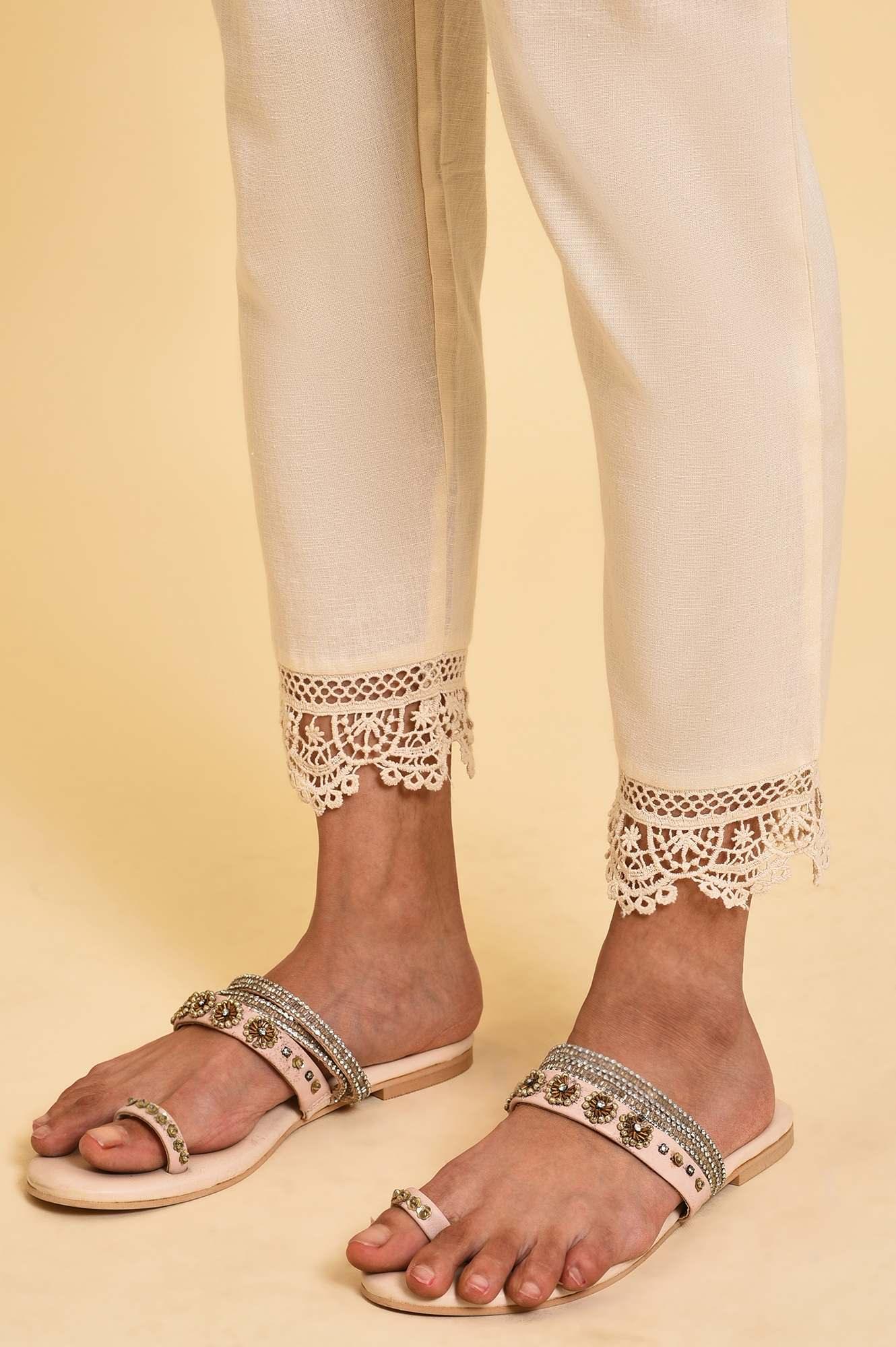 Ecru Lace Cotton Flax Slim Pants - Image 8