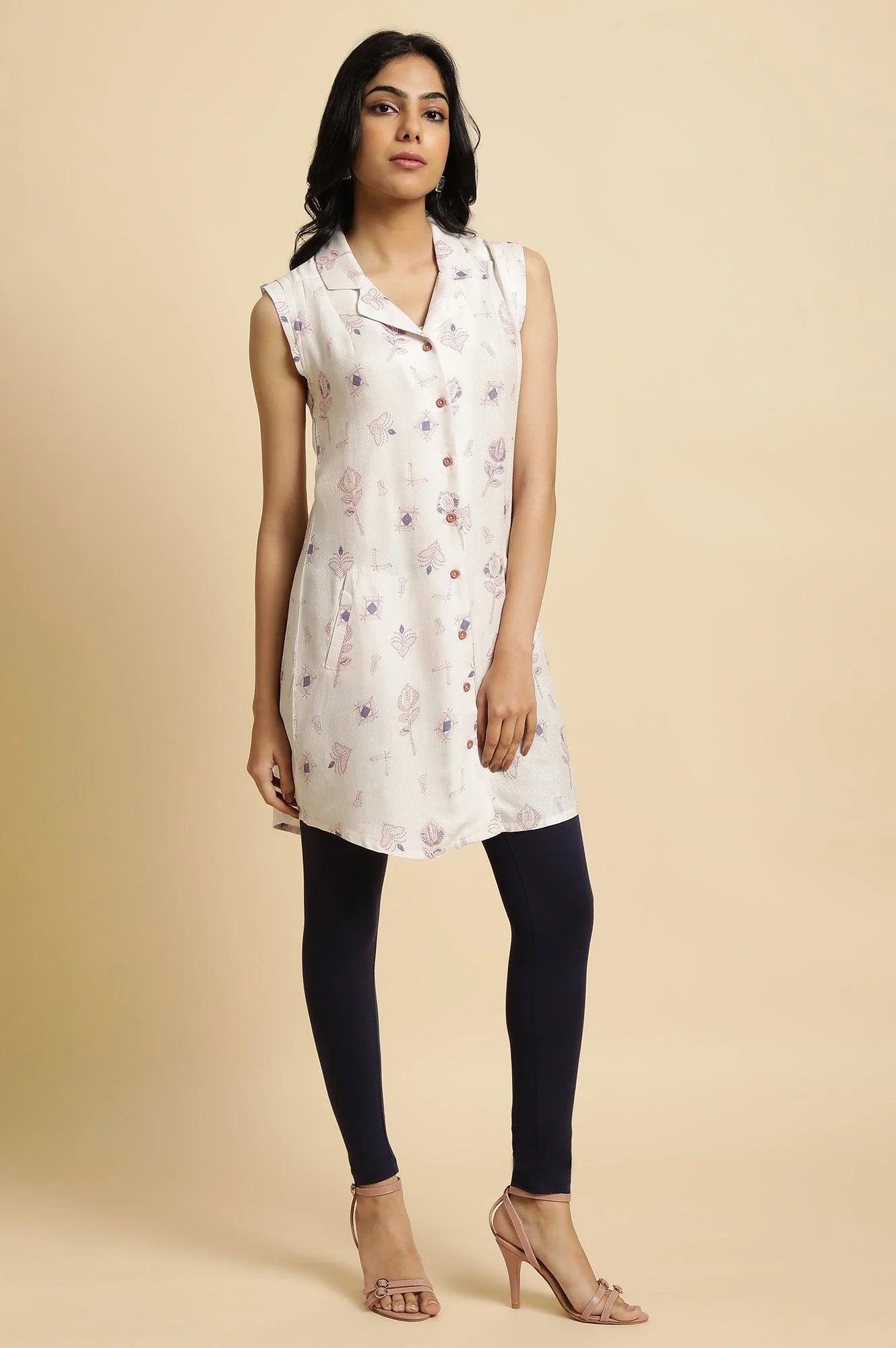Ecru Lapel Collar Summer Sleeveless Tunic - Image 4