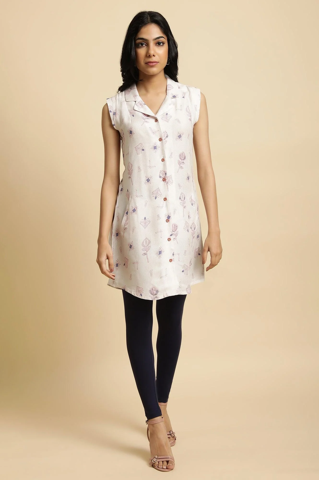 Ecru Lapel Collar Summer Sleeveless Tunic - Image 5