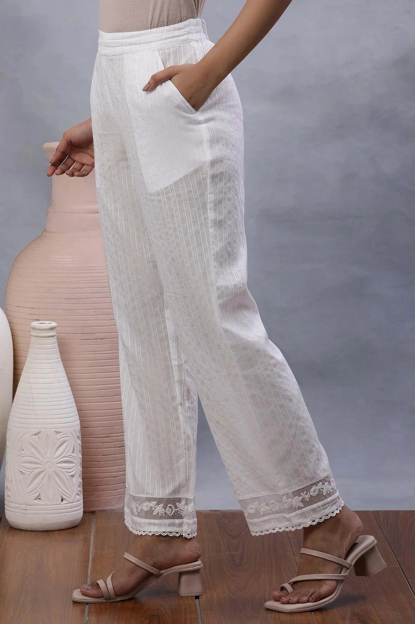 Ecru Lurex Stripes Pants With Embroidered Hemline - Image 2