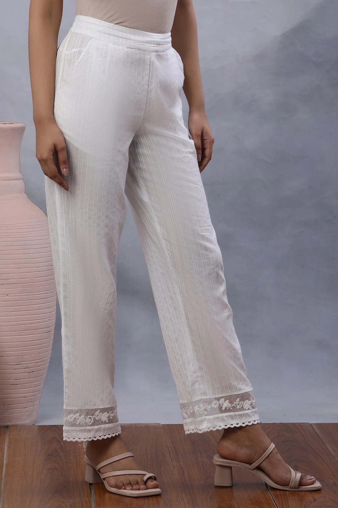 Ecru Lurex Stripes Pants With Embroidered Hemline - Image 4