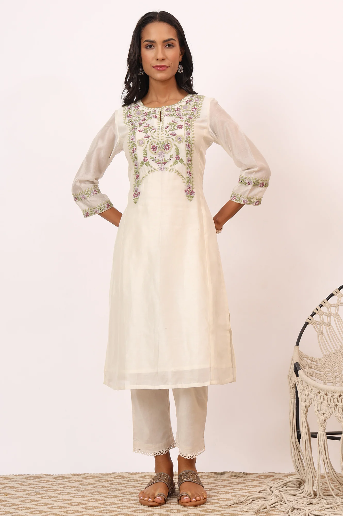 Ecru Multicoloured Chikankari Kurta in Cotton Silk - Image 3
