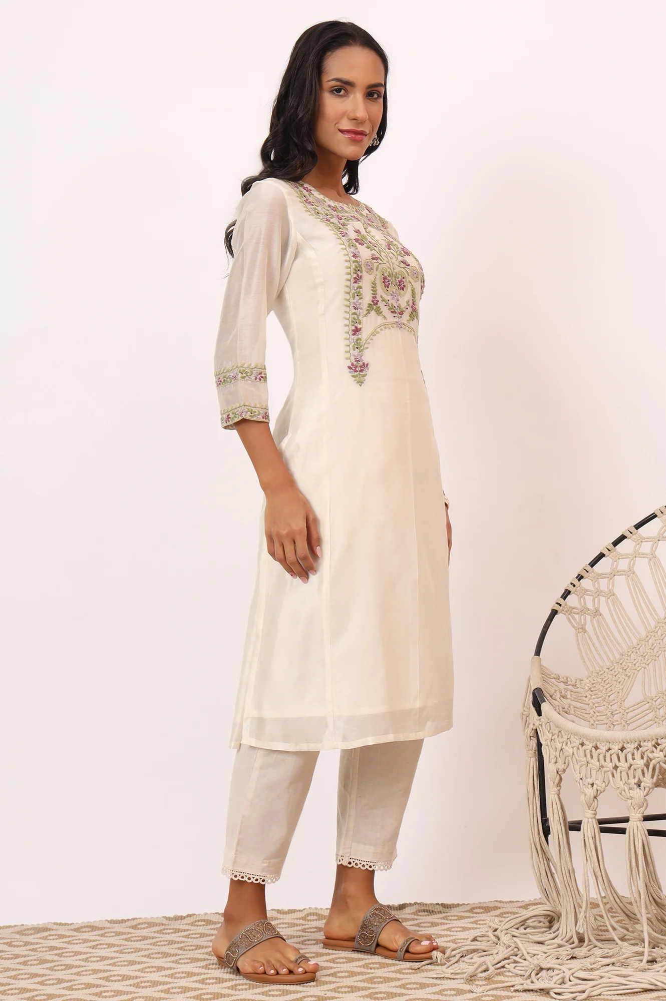 Ecru Multicoloured Chikankari Kurta in Cotton Silk - Image 7