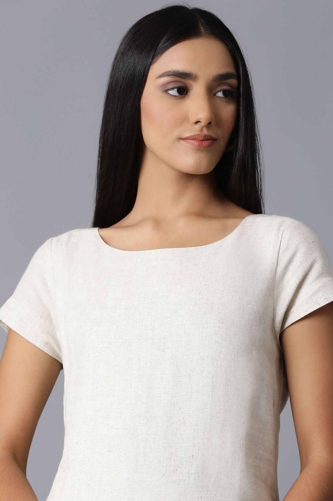 Ecru Natural Flax Embroidered Border Dress - Image 5
