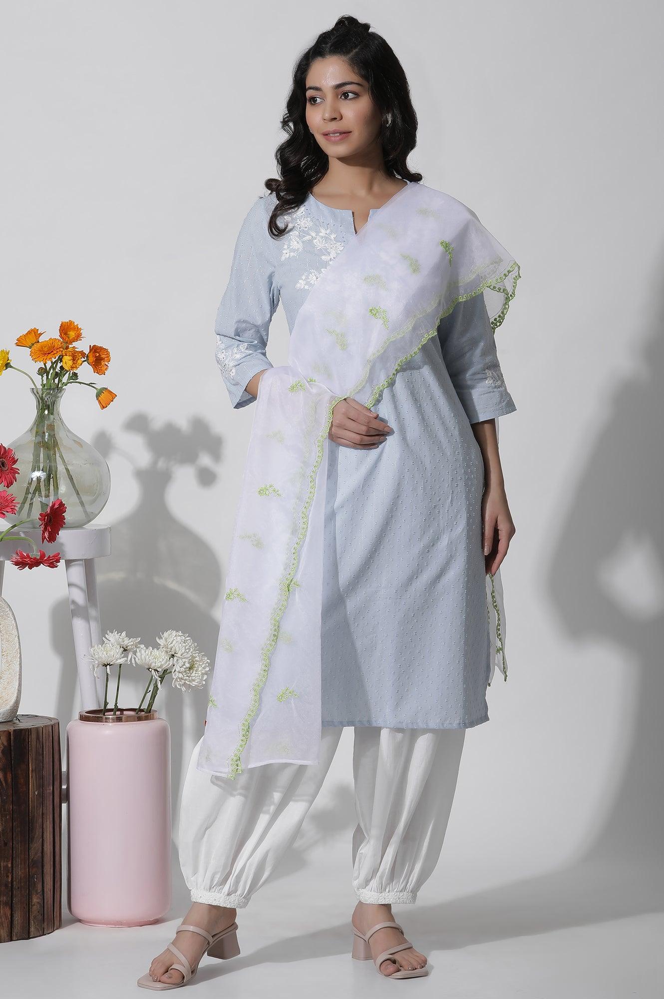Ecru Organza Dupatta With Contrasting Embroidery - Image 2