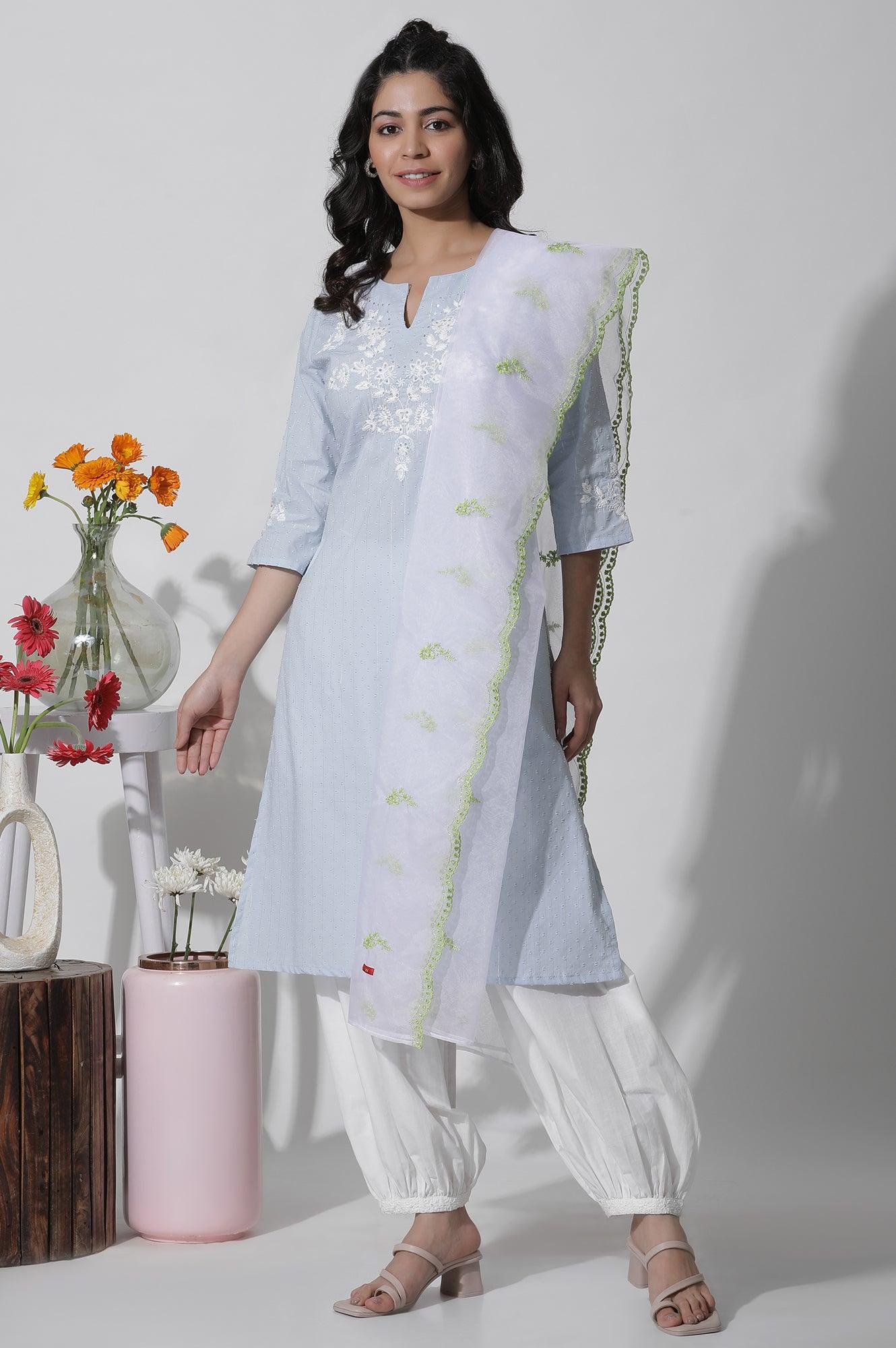 Ecru Organza Dupatta With Contrasting Embroidery - Image 3